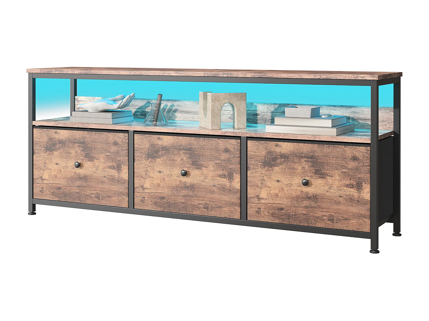 TV-meubel met RGB LED, 3 vintage stoffen lades, metalen frame, 108x30x57cm, verstelbare plank
