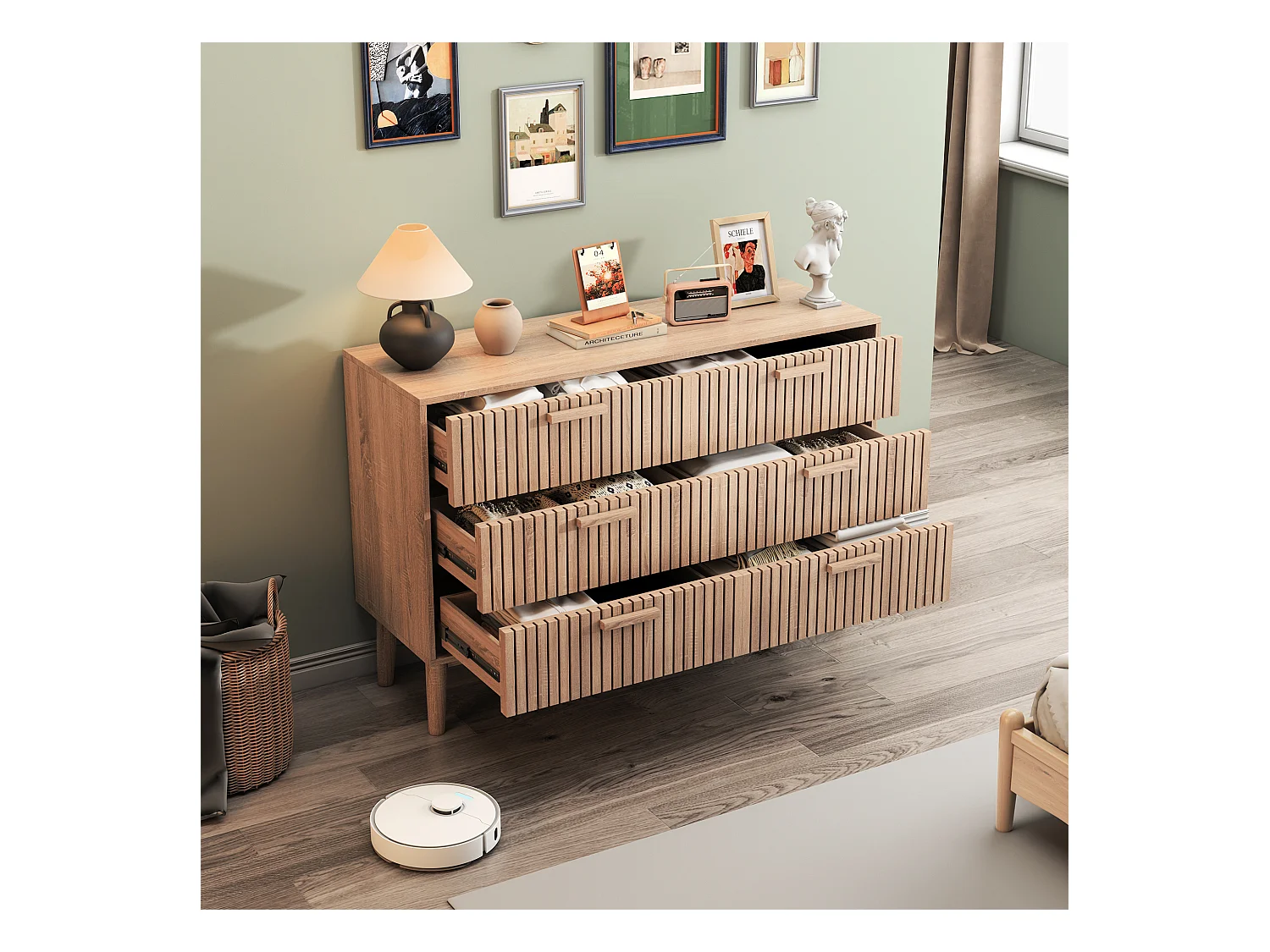 Commode en bois à 6 tiroirs – Design Art déco, structure robuste, grande capacité de rangement