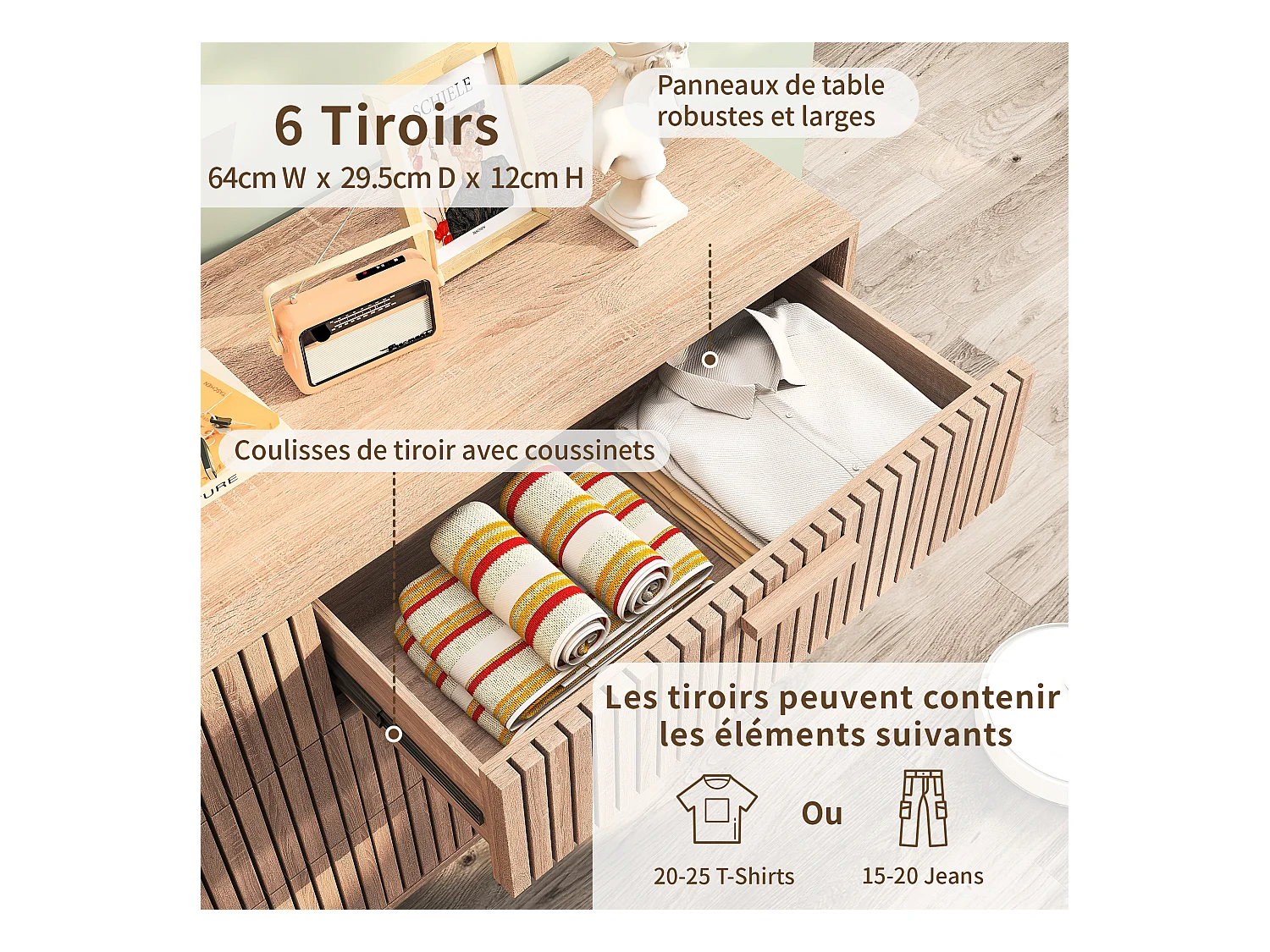 Commode en bois à 6 tiroirs – Design Art déco, structure robuste, grande capacité de rangement