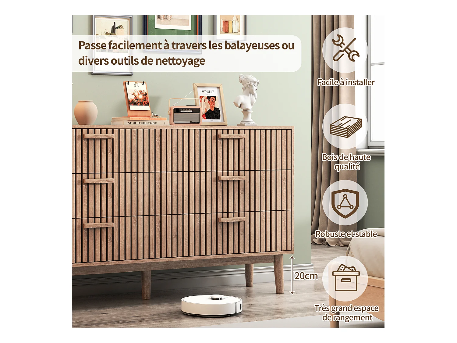 Commode en bois à 6 tiroirs – Design Art déco, structure robuste, grande capacité de rangement