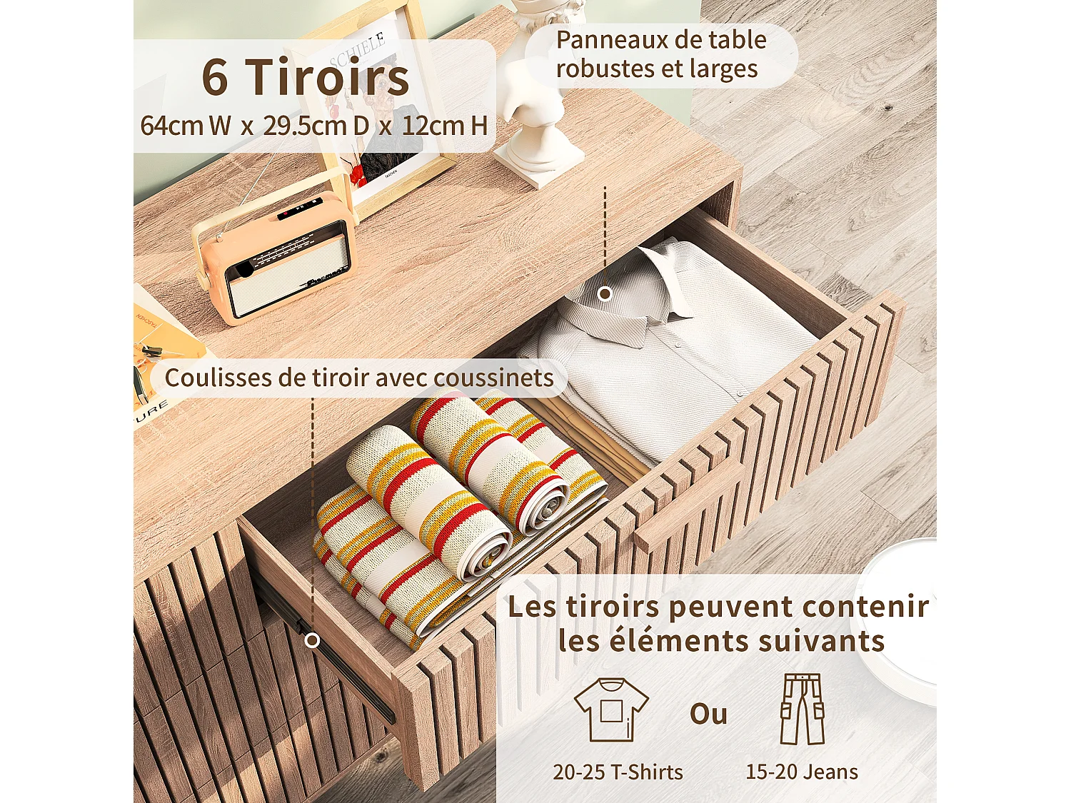 Commode en bois à 6 tiroirs – Design Art déco, structure robuste, grande capacité de rangement