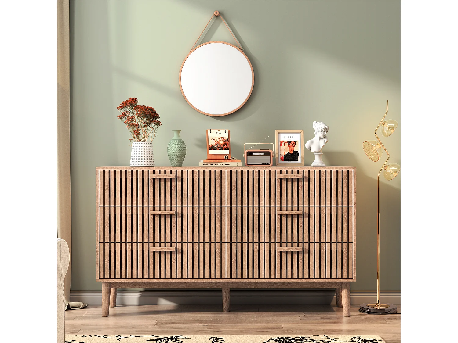 Commode en bois à 6 tiroirs – Design Art déco, structure robuste, grande capacité de rangement