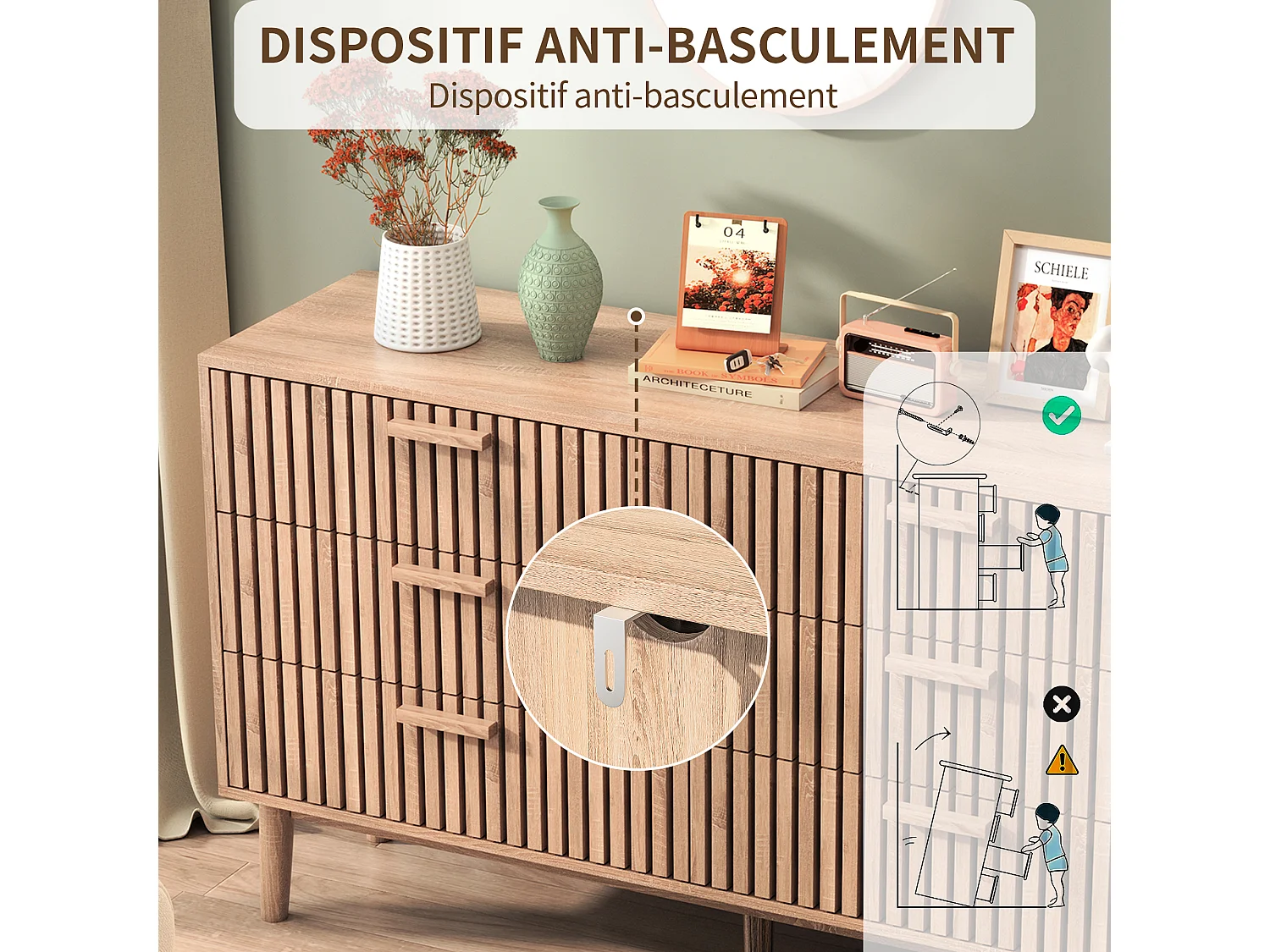 Commode en bois à 6 tiroirs – Design Art déco, structure robuste, grande capacité de rangement
