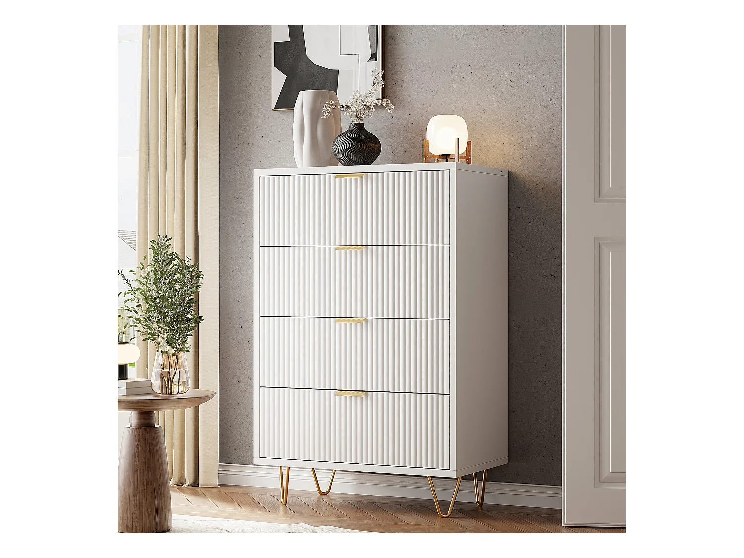 Kommode mit 4 Schubladen aus hochwertigem Holz mit goldenen Metallgriffen und modernem Design - 91 x 60 x 34 cm