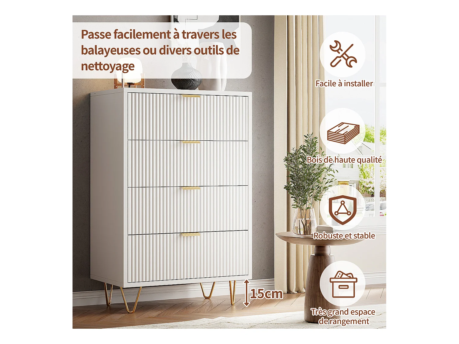 Kommode mit 4 Schubladen aus hochwertigem Holz mit goldenen Metallgriffen und modernem Design - 91 x 60 x 34 cm