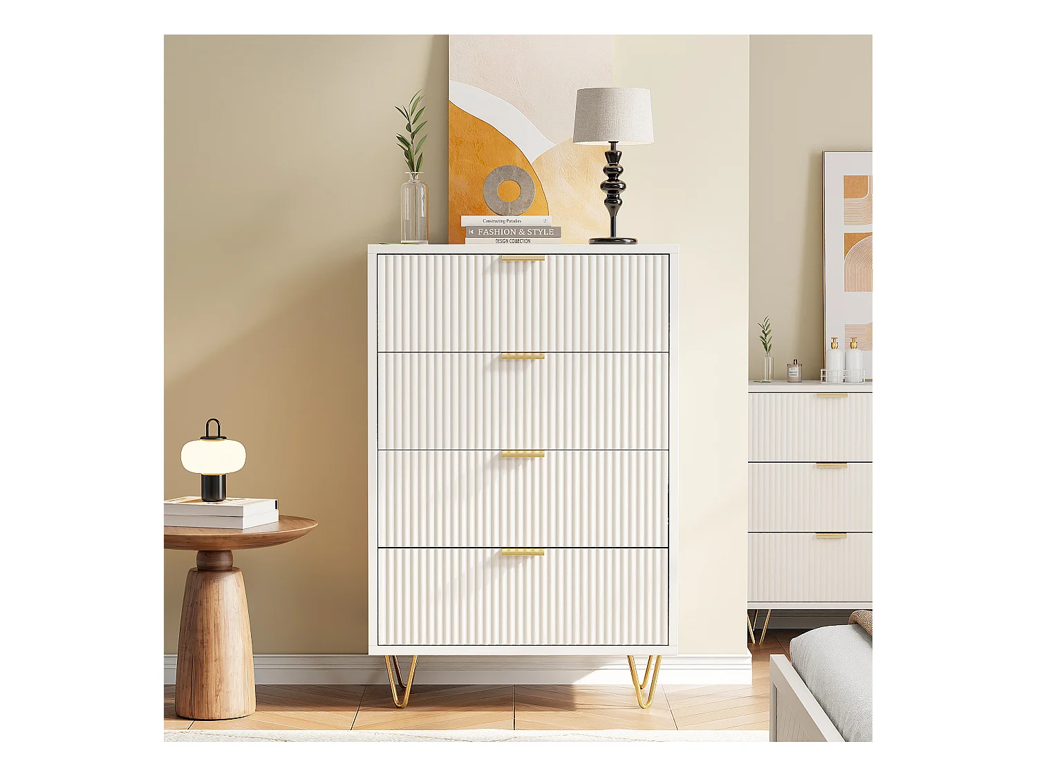 Commode 4 tiroirs en bois de haute qualité avec poignées en métal doré et design moderne - 91 x 60 x 34 cm