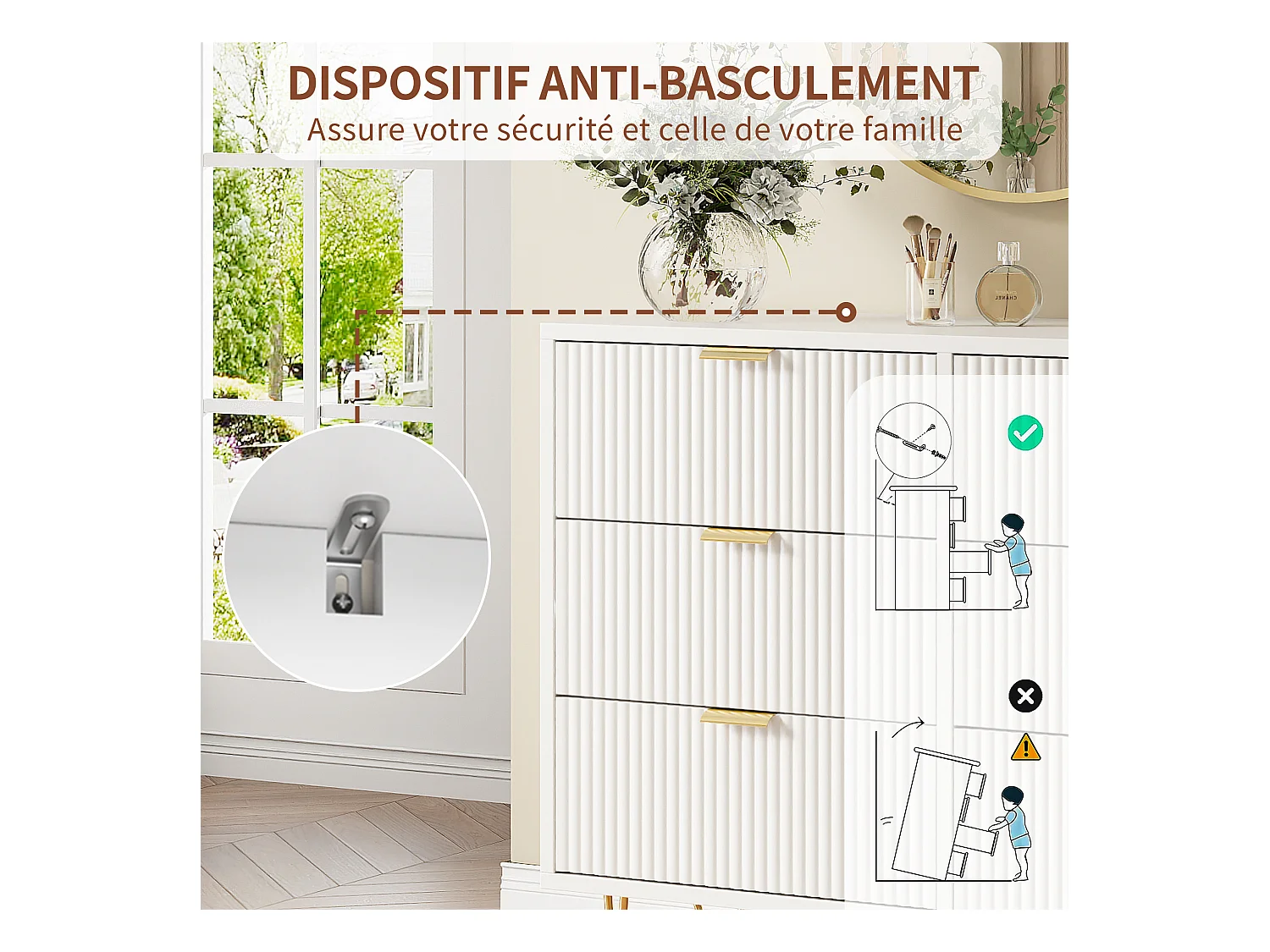 Commode 4 tiroirs en bois de haute qualité avec poignées en métal doré et design moderne - 91 x 60 x 34 cm