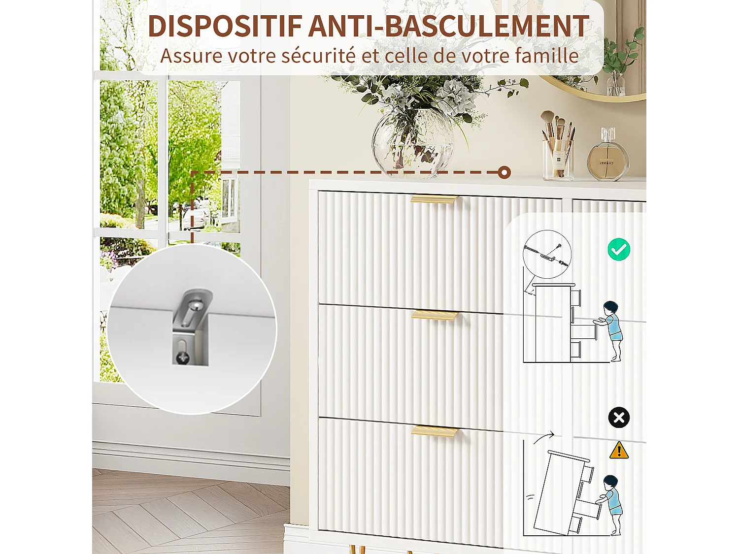 Commode 4 tiroirs en bois de haute qualité avec poignées en métal doré et design moderne - 91 x 60 x 34 cm