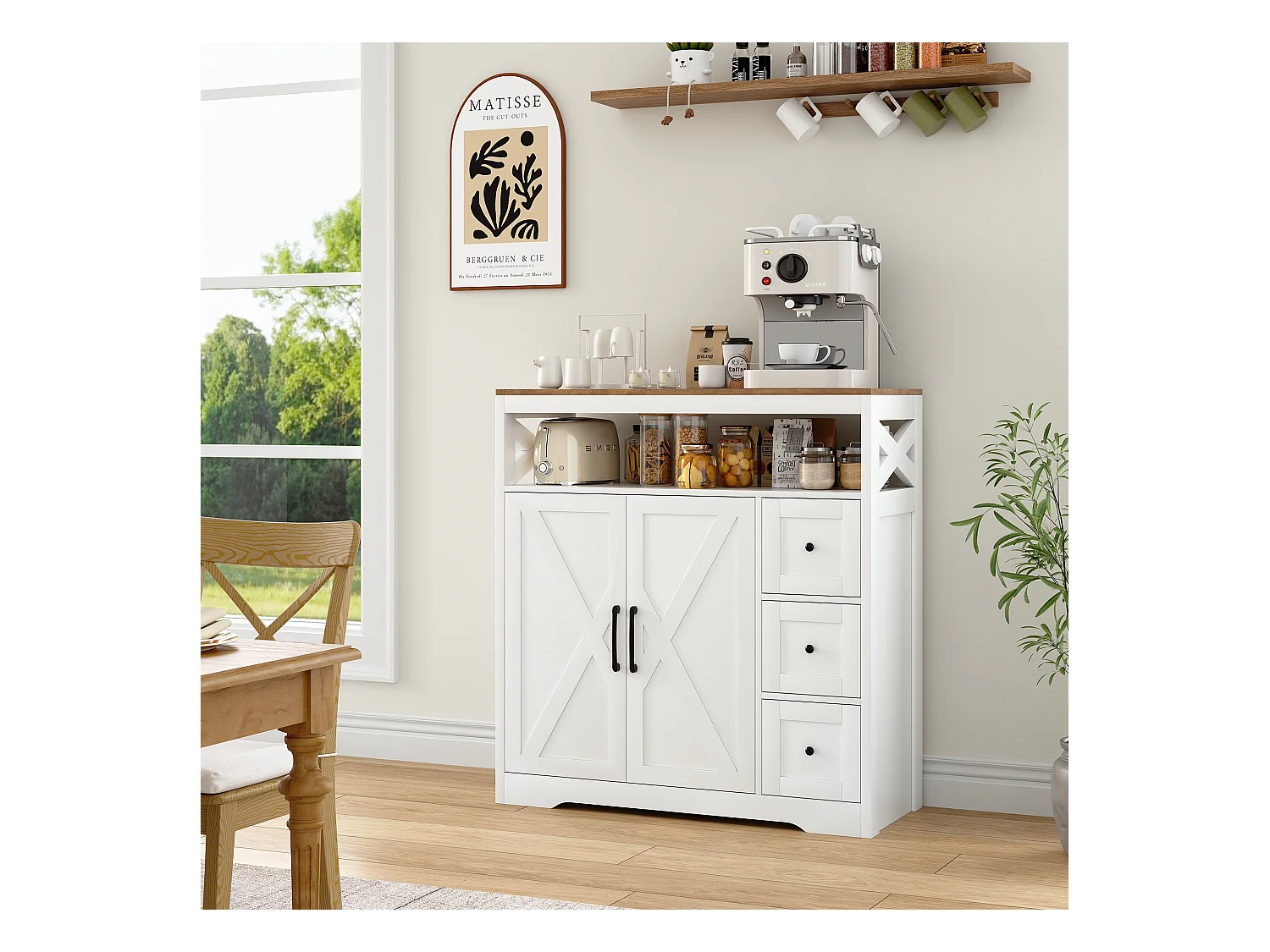 Buffet scandinave 3 tiroirs et 2 portes, 100 cm – Blanc et bois
