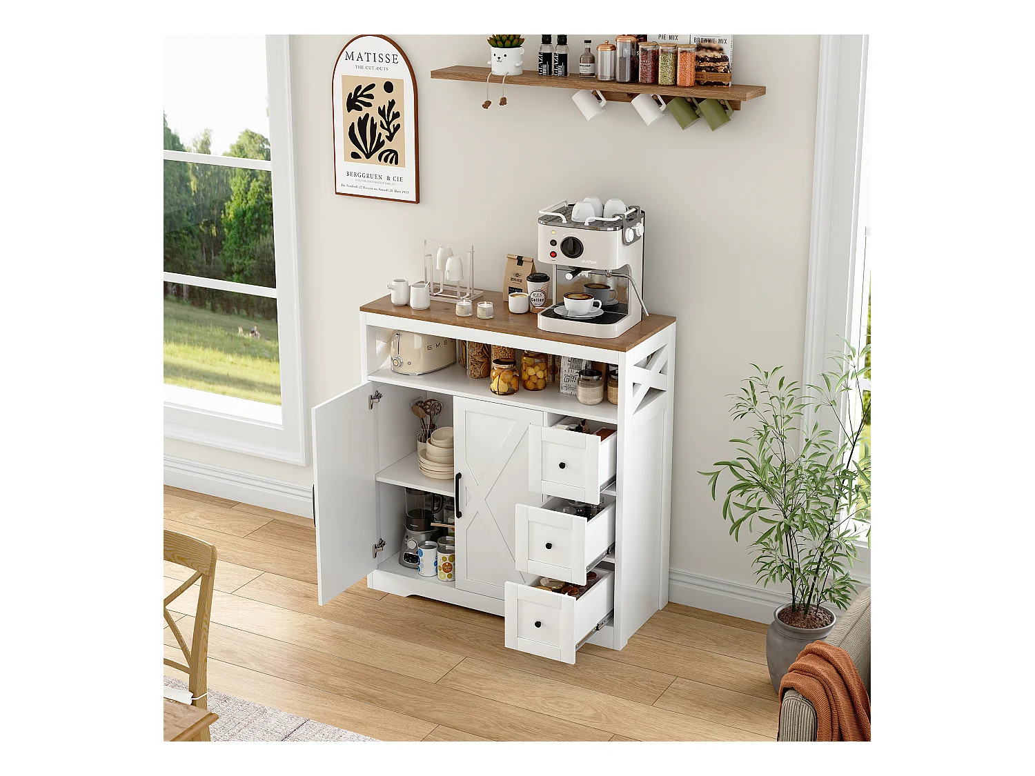 Buffet scandinave 3 tiroirs et 2 portes, 100 cm – Blanc et bois