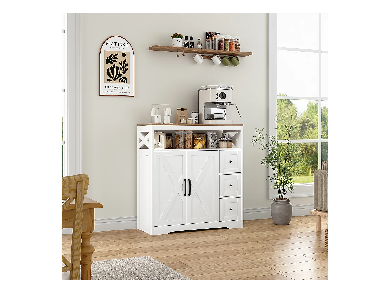 Buffet scandinave 3 tiroirs et 2 portes, 100 cm – Blanc et bois
