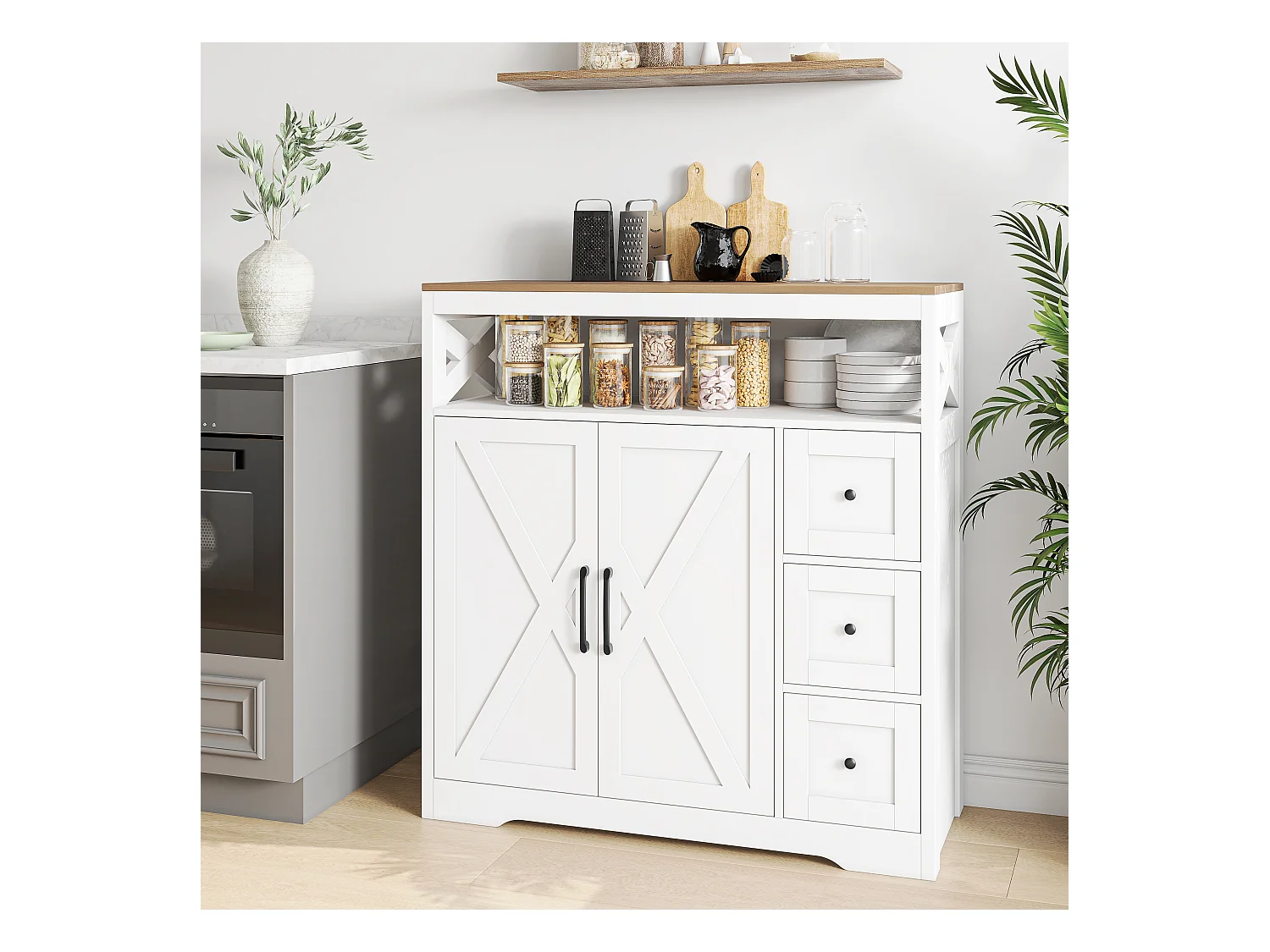 Buffet scandinave 3 tiroirs et 2 portes, 100 cm – Blanc et bois