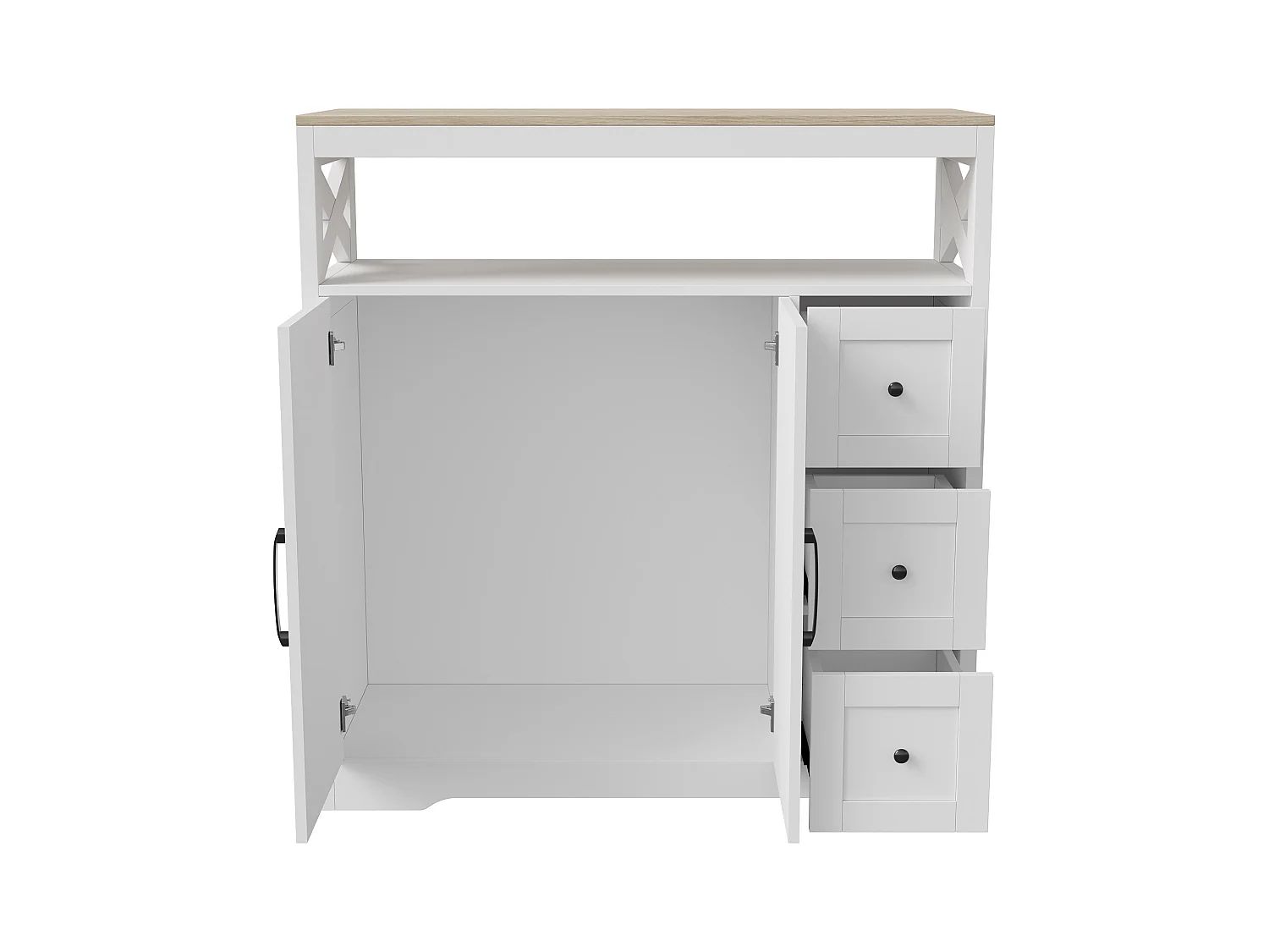 Buffet scandinave 3 tiroirs et 2 portes, 100 cm – Blanc et bois