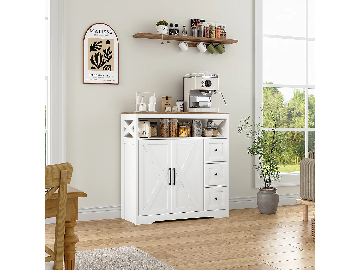 Buffet scandinave 3 tiroirs et 2 portes, 100 cm – Blanc et bois