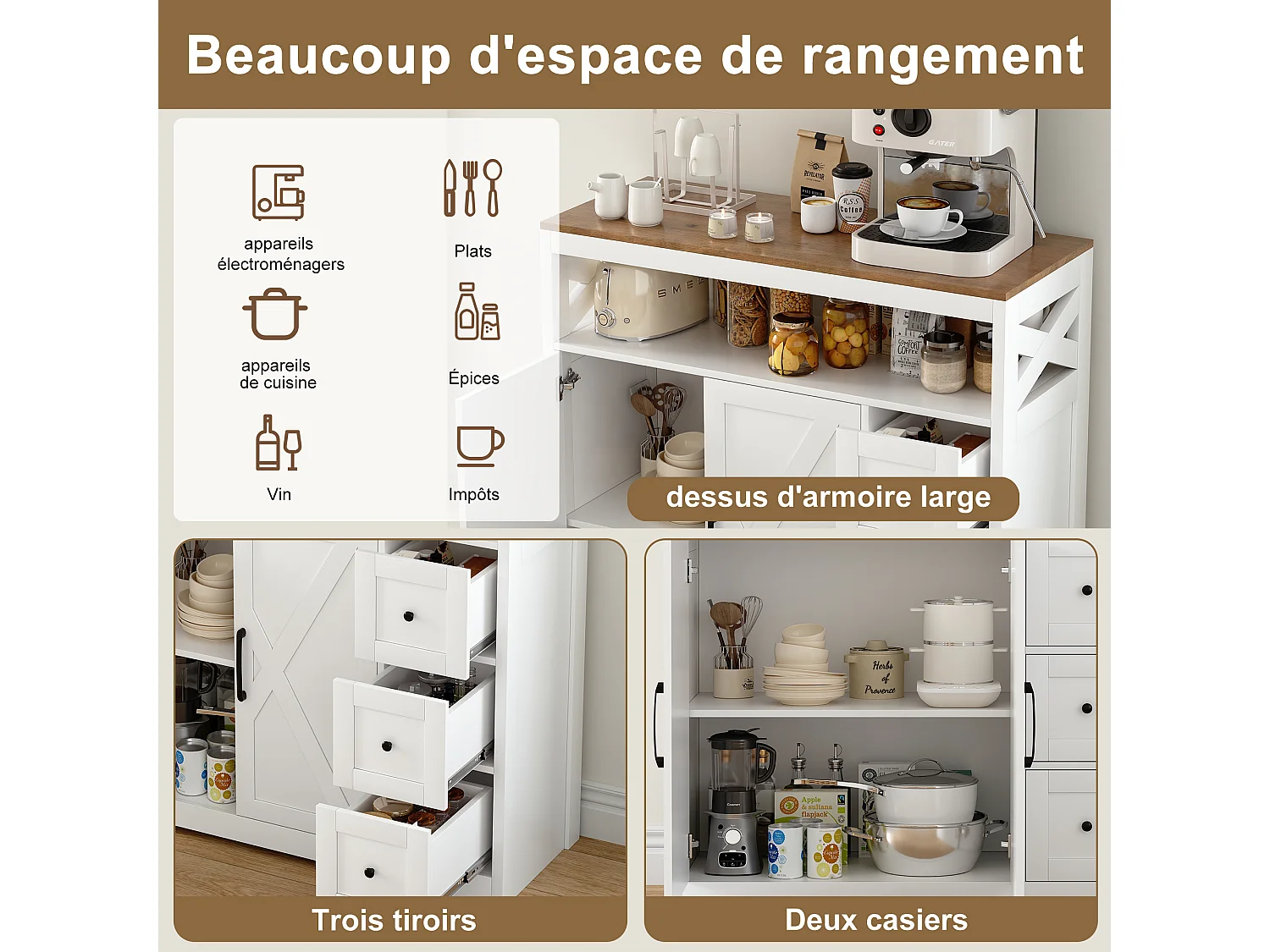 Buffet scandinave 3 tiroirs et 2 portes, 100 cm – Blanc et bois