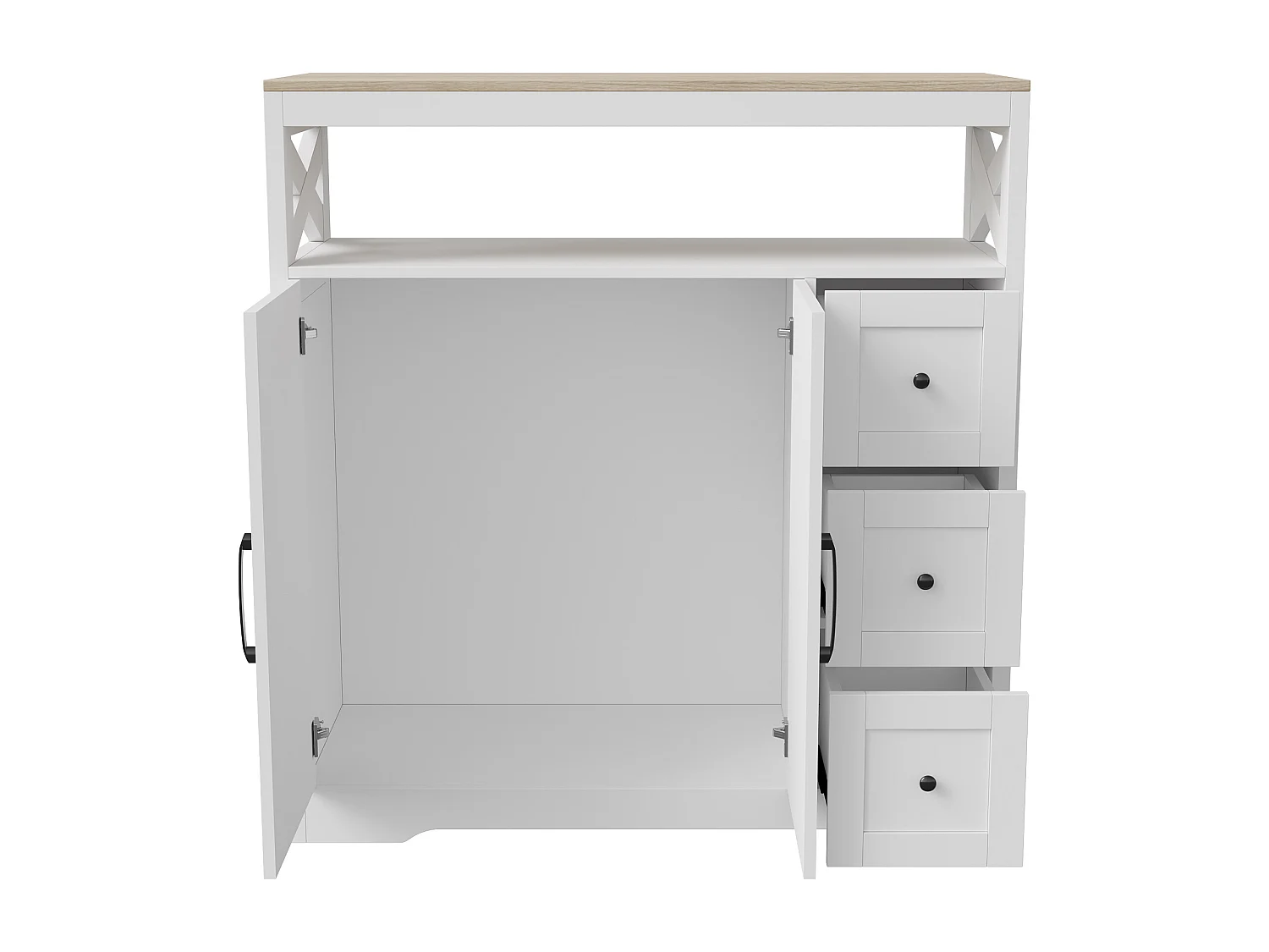 Buffet scandinave 3 tiroirs et 2 portes, 100 cm – Blanc et bois