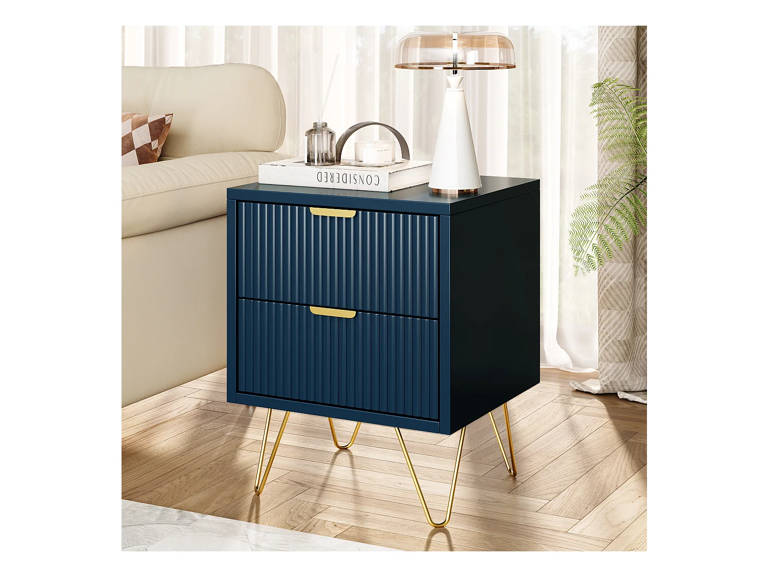 Moderner blauer Nachttisch mit 2 Schubladen und goldenen Füßen – Elegantes und funktionales Design