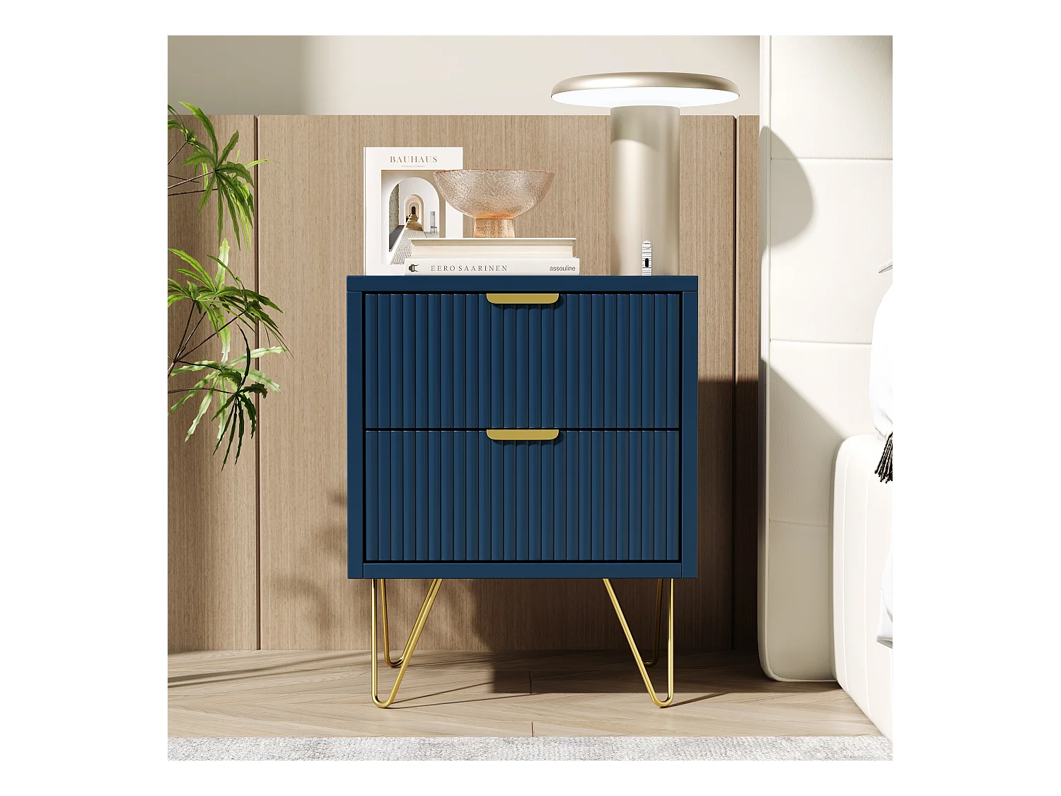 Moderner blauer Nachttisch mit 2 Schubladen und goldenen Füßen – Elegantes und funktionales Design