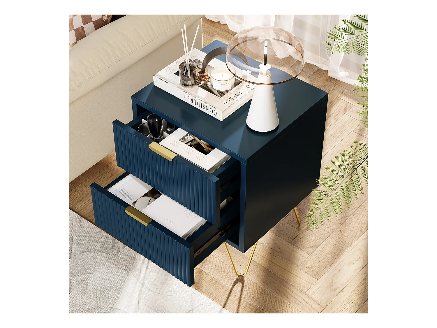 Moderner blauer Nachttisch mit 2 Schubladen und goldenen Füßen – Elegantes und funktionales Design