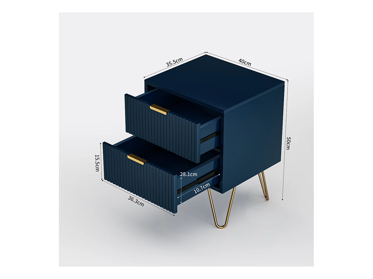 Moderner blauer Nachttisch mit 2 Schubladen und goldenen Füßen – Elegantes und funktionales Design