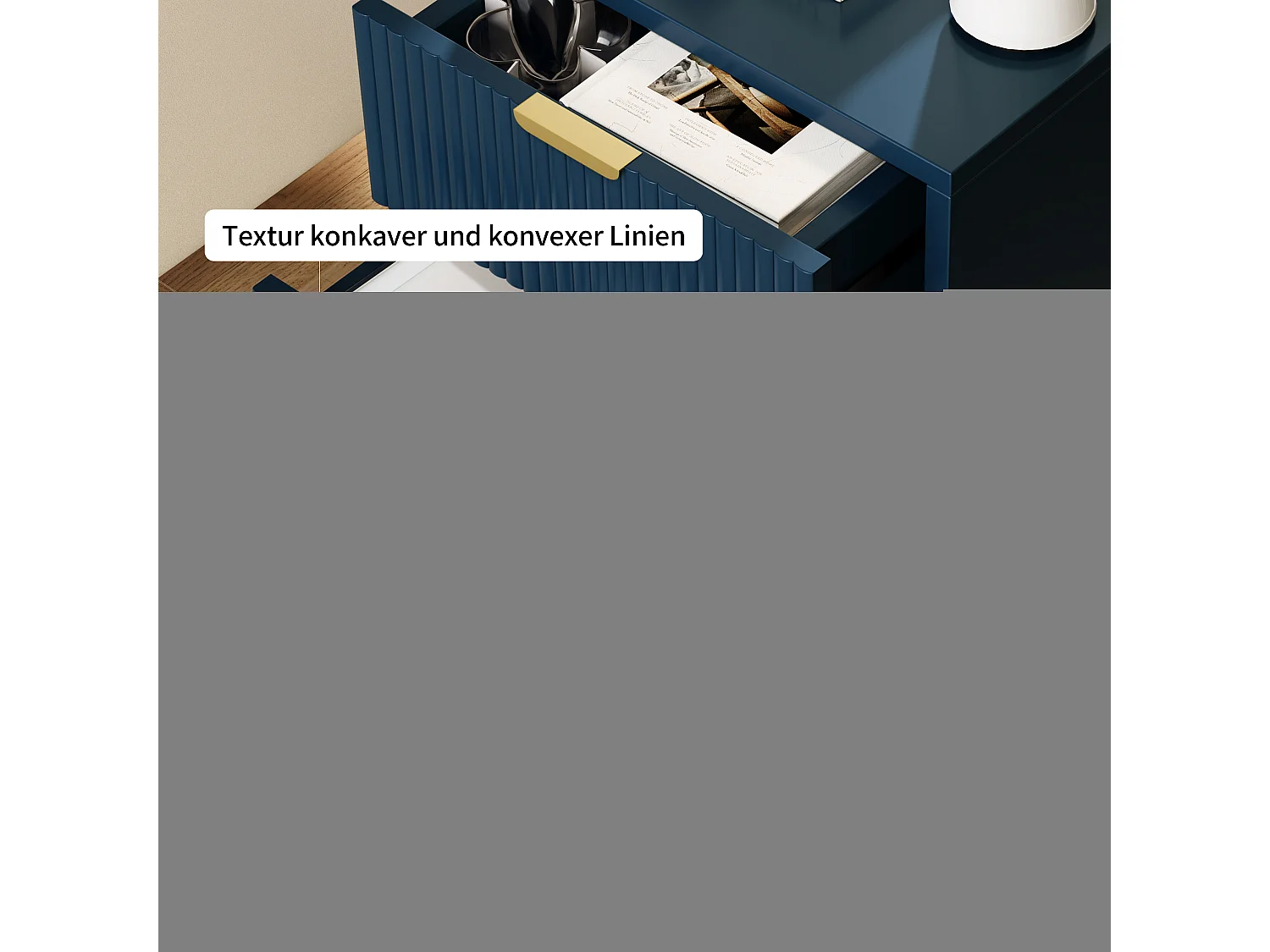 Mesita de noche moderna azul con dos cajones y patas doradas: diseño elegante y funcional.