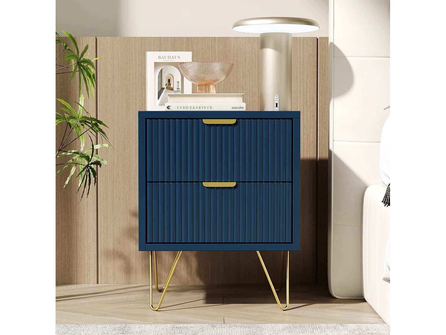 Table de chevet bleue moderne avec 2 tiroirs et pieds dorés – Design élégant et fonctionnel