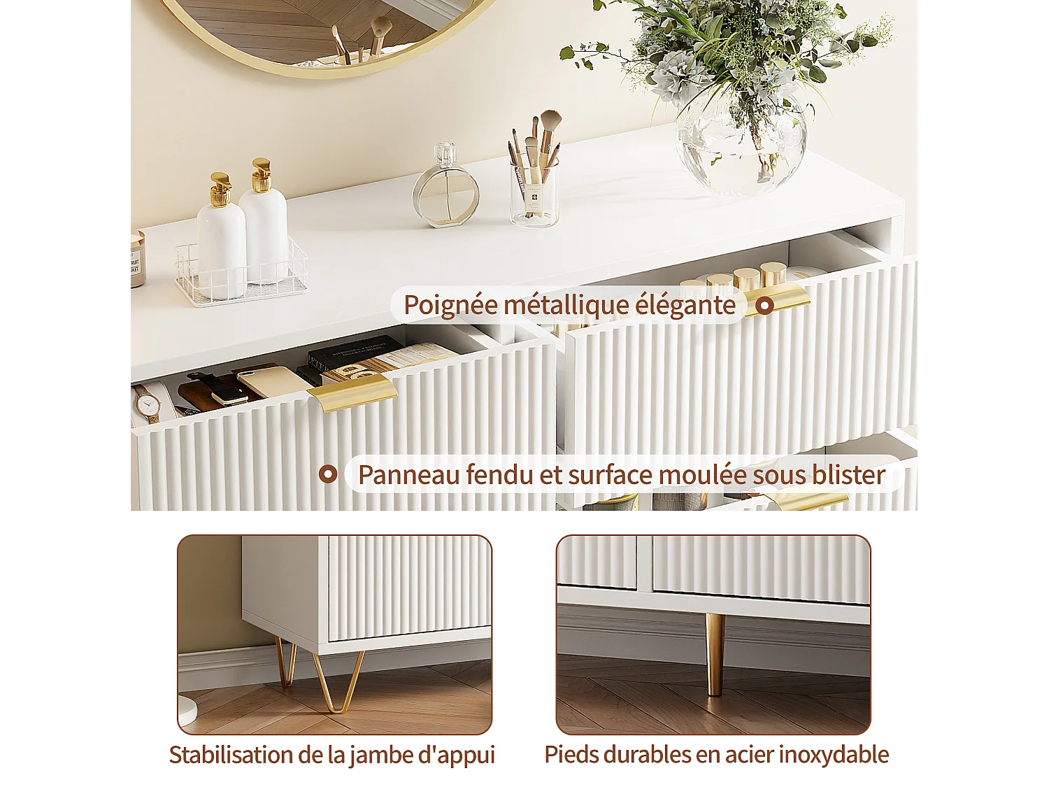 Commode moderne à 6 tiroirs en bois de haute qualité avec poignées dorées et pieds en métal – 100 x 73 x 34 cm