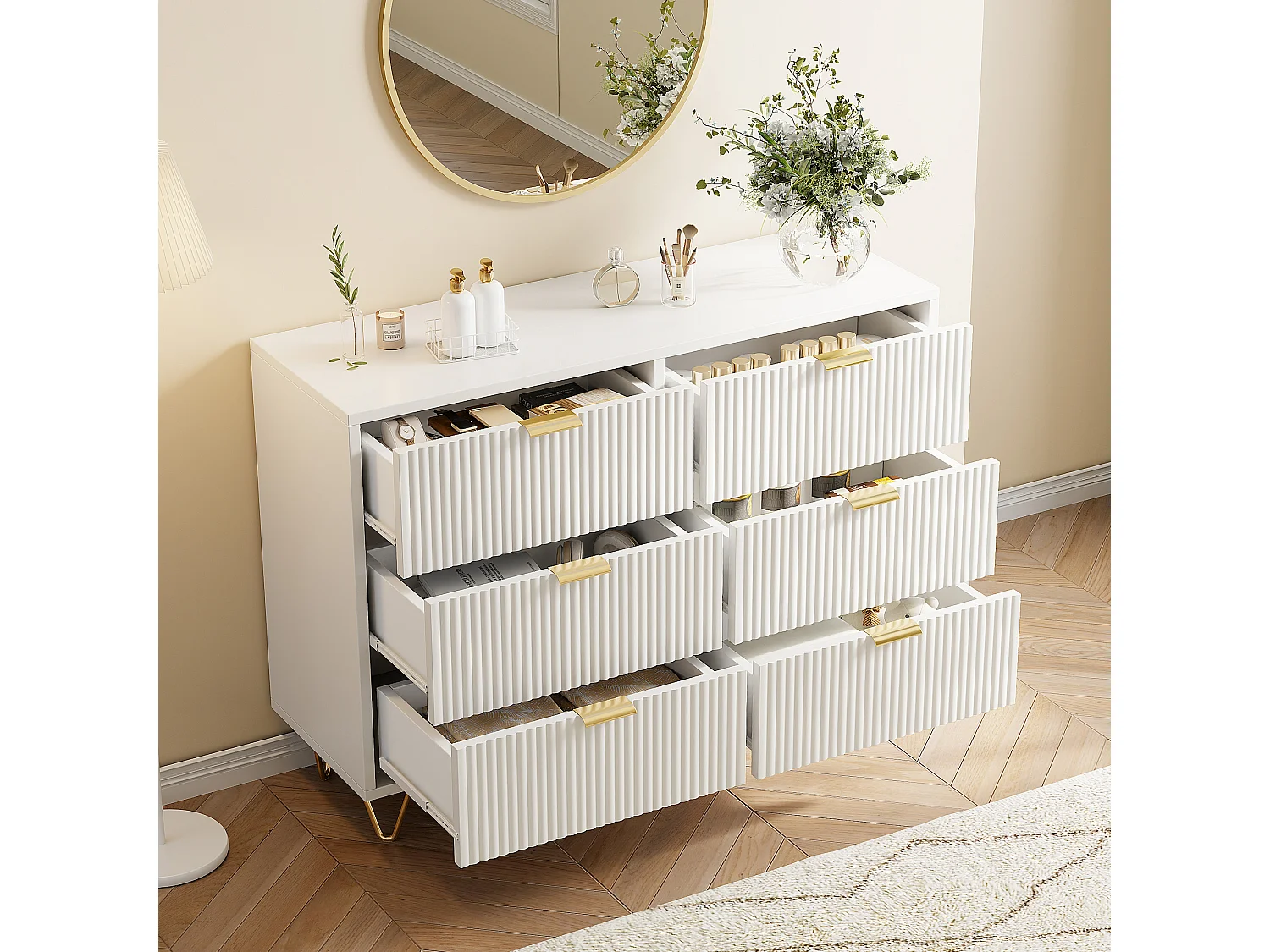 Commode moderne à 6 tiroirs en bois de haute qualité avec poignées dorées et pieds en métal – 100 x 73 x 34 cm