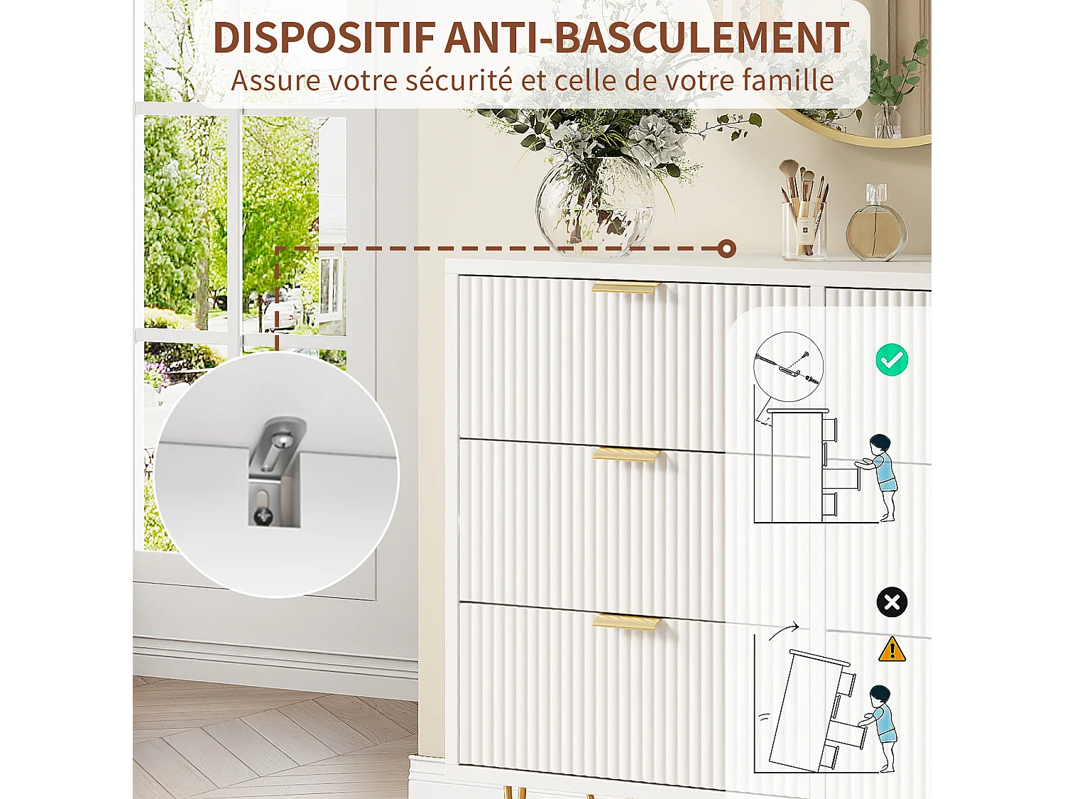 Commode moderne à 6 tiroirs en bois de haute qualité avec poignées dorées et pieds en métal – 100 x 73 x 34 cm