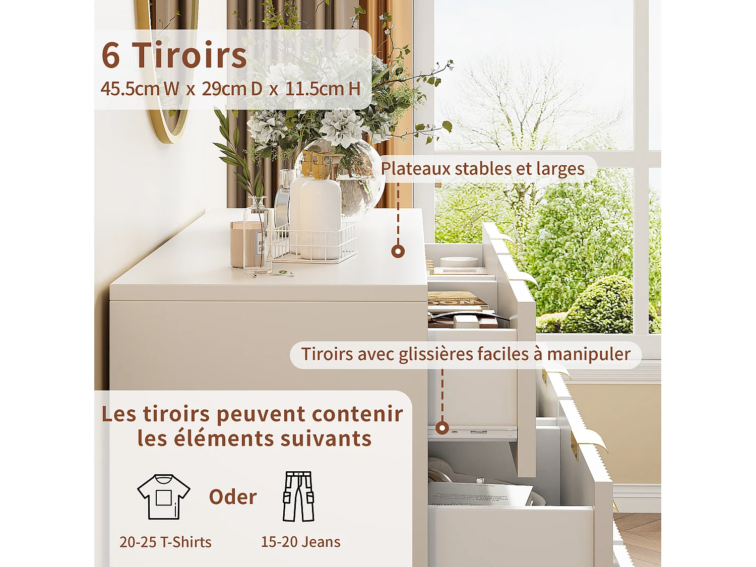 Commode moderne à 6 tiroirs en bois de haute qualité avec poignées dorées et pieds en métal – 100 x 73 x 34 cm