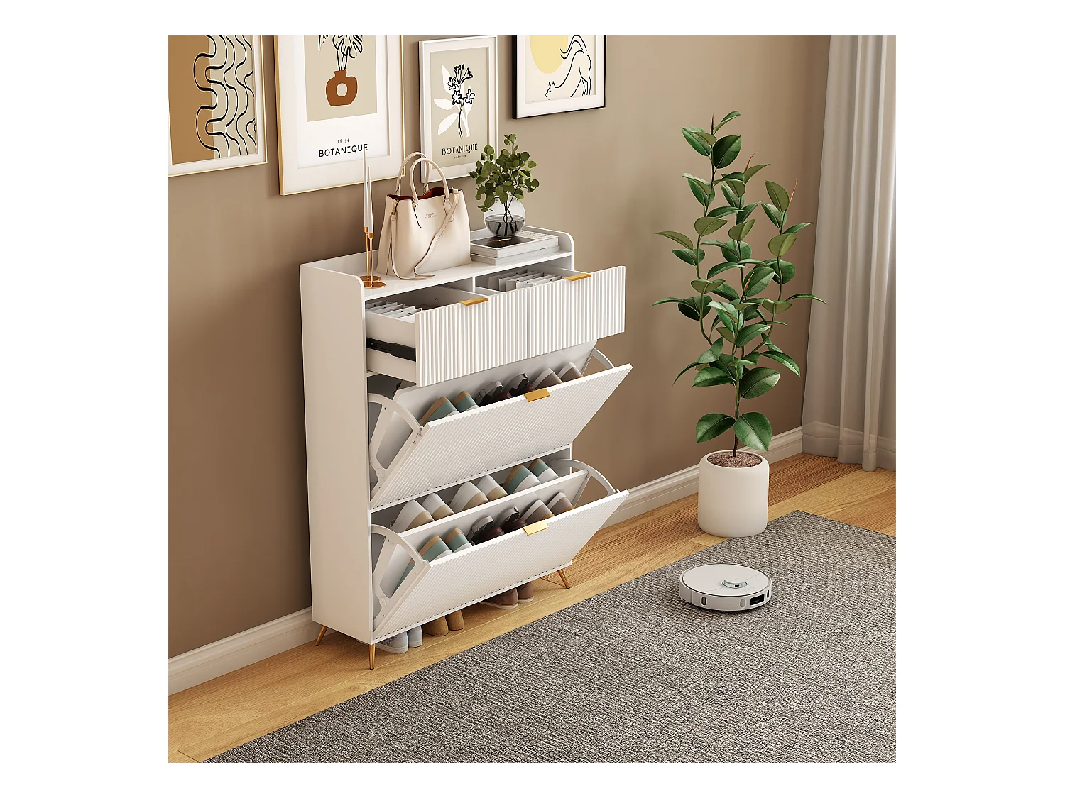 Meuble à chaussures blanc moderne avec 2 tiroirs et 2 portes basculantes – Design minimaliste et fonctionnel