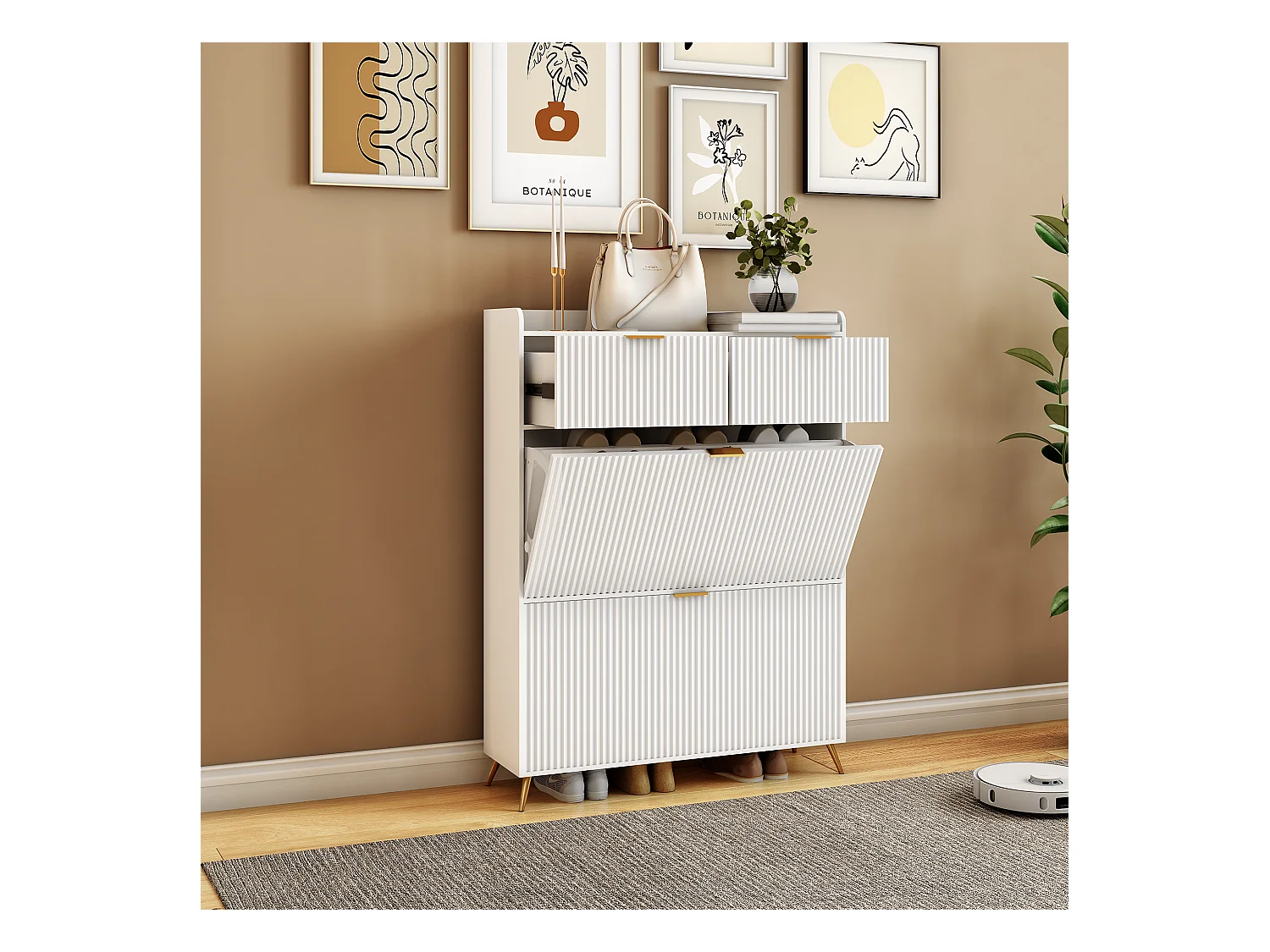 Meuble à chaussures blanc moderne avec 2 tiroirs et 2 portes basculantes – Design minimaliste et fonctionnel