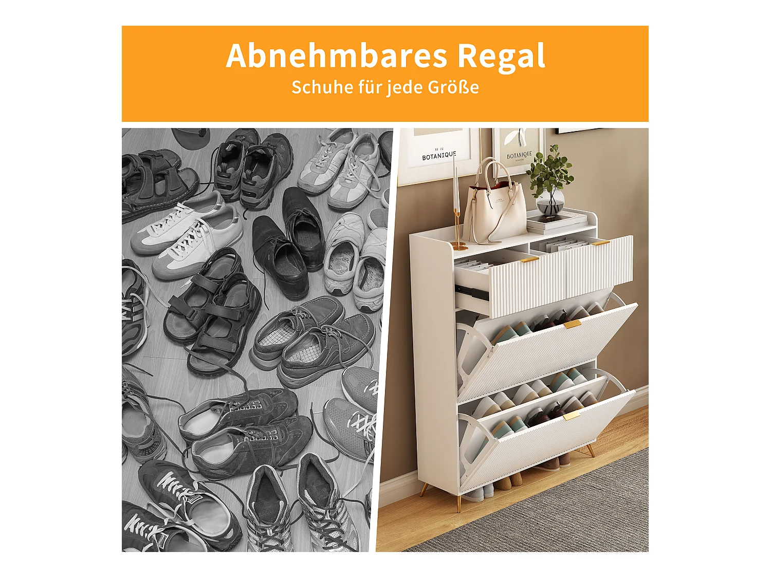 Meuble à chaussures blanc moderne avec 2 tiroirs et 2 portes basculantes – Design minimaliste et fonctionnel