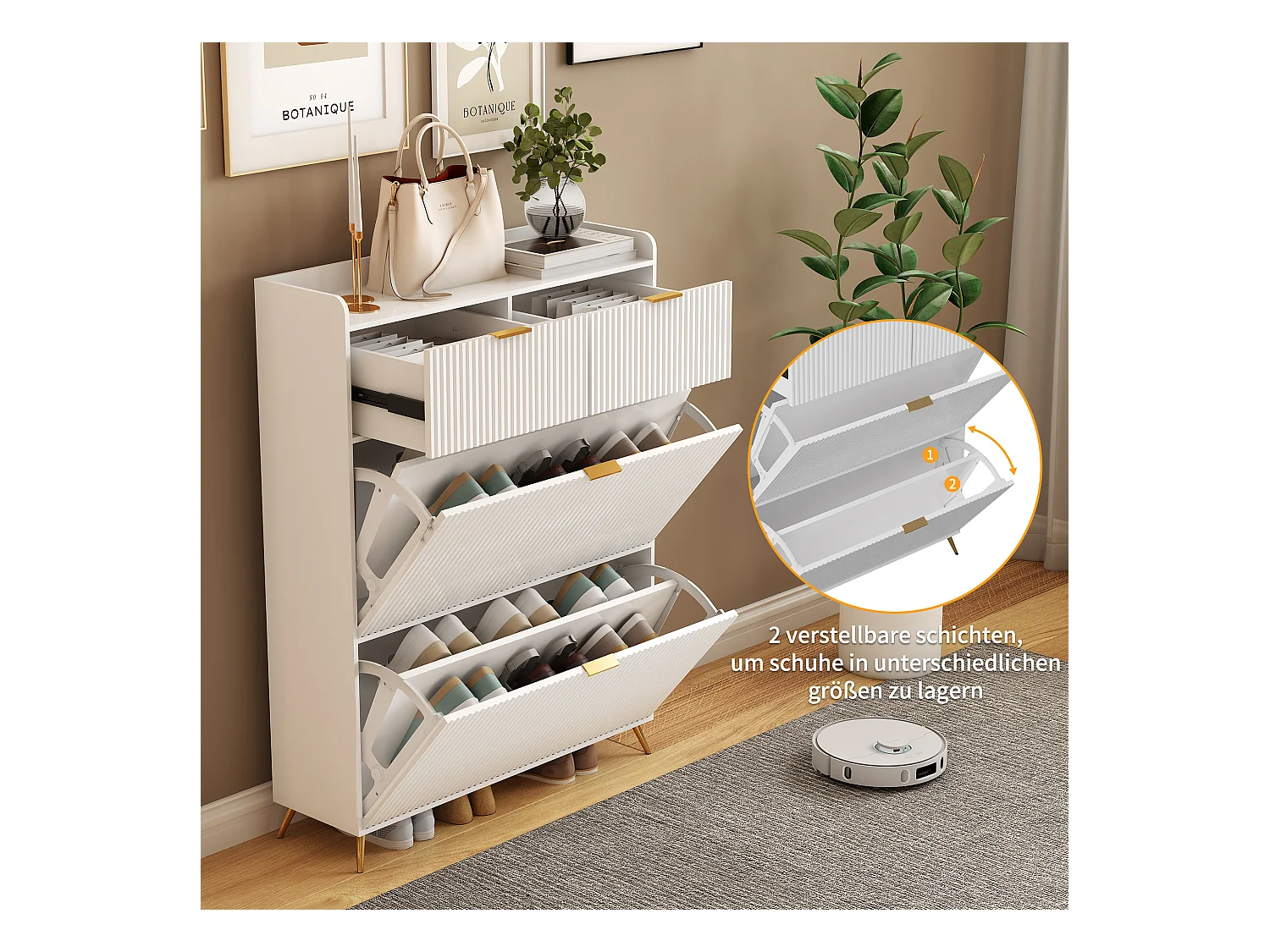 Meuble à chaussures blanc moderne avec 2 tiroirs et 2 portes basculantes – Design minimaliste et fonctionnel