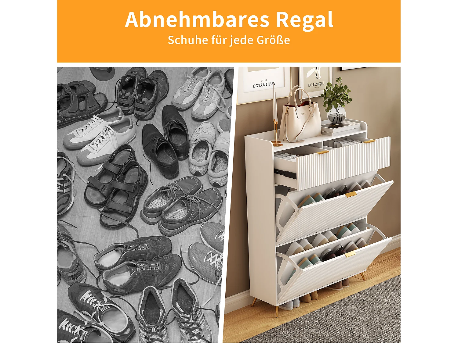 Meuble à chaussures blanc moderne avec 2 tiroirs et 2 portes basculantes – Design minimaliste et fonctionnel