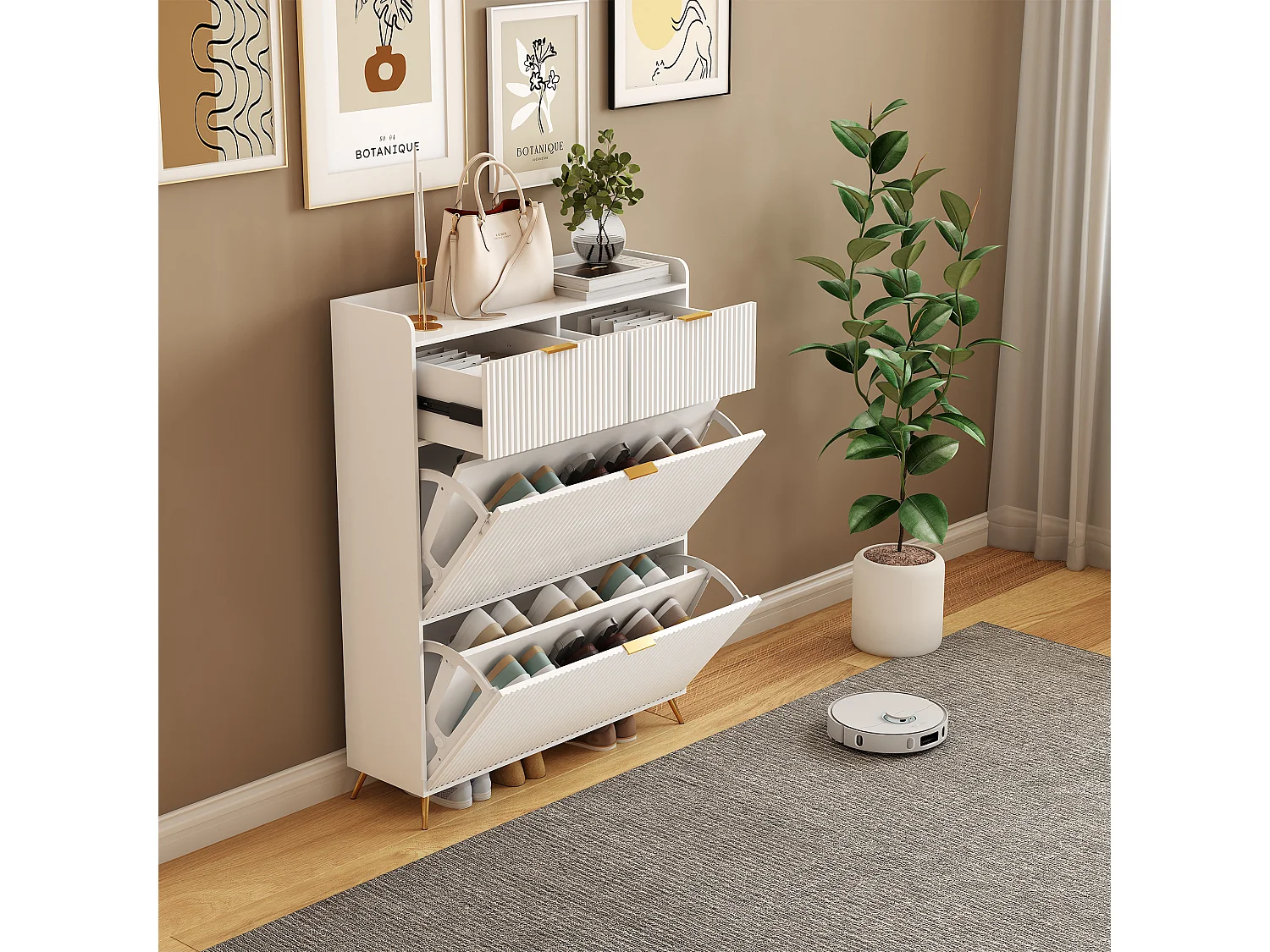 Meuble à chaussures blanc moderne avec 2 tiroirs et 2 portes basculantes – Design minimaliste et fonctionnel