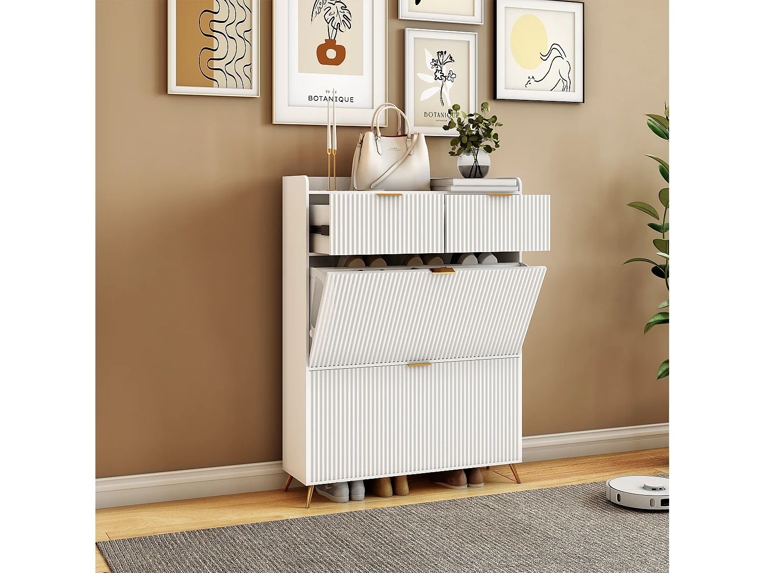 Meuble à chaussures blanc moderne avec 2 tiroirs et 2 portes basculantes – Design minimaliste et fonctionnel