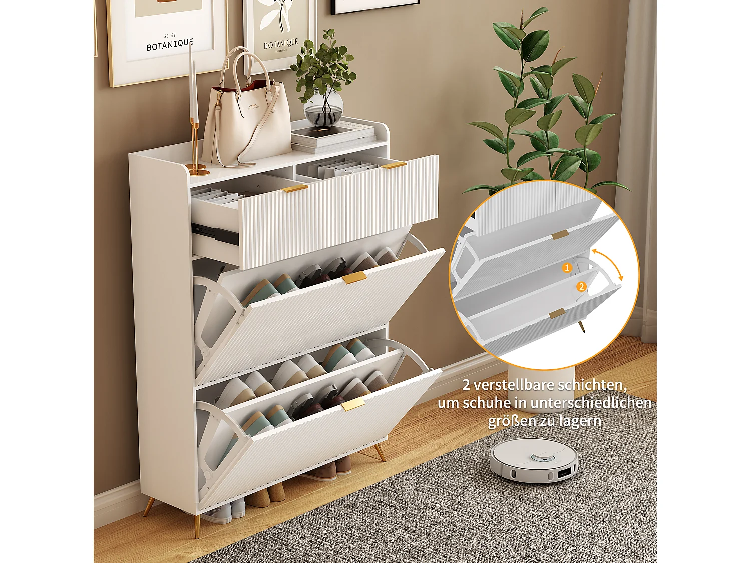 Meuble à chaussures blanc moderne avec 2 tiroirs et 2 portes basculantes – Design minimaliste et fonctionnel