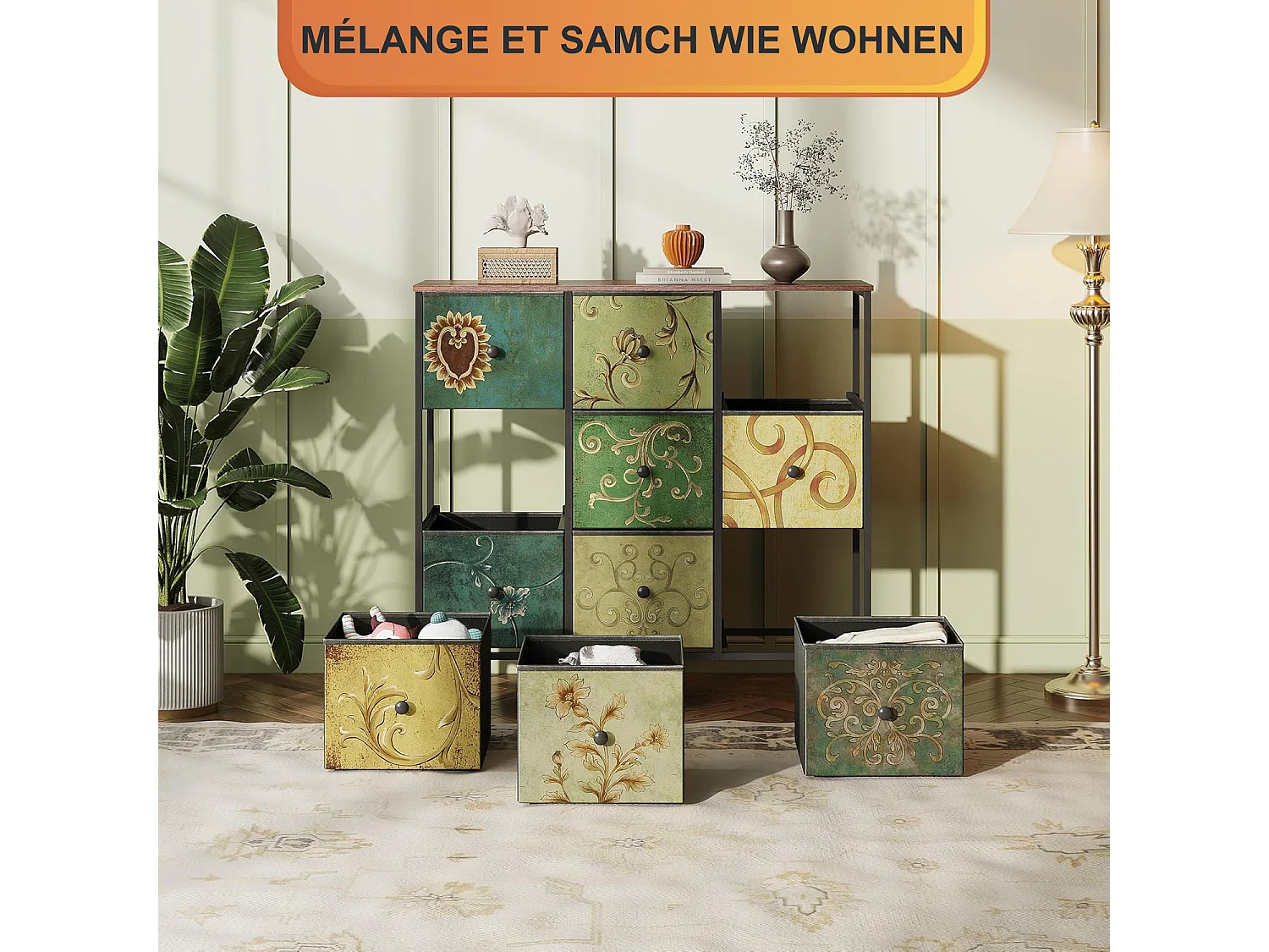 Commode vintage à 9 tiroirs en tissu imprimé et structure en métal – Design rétro et fonctionnel