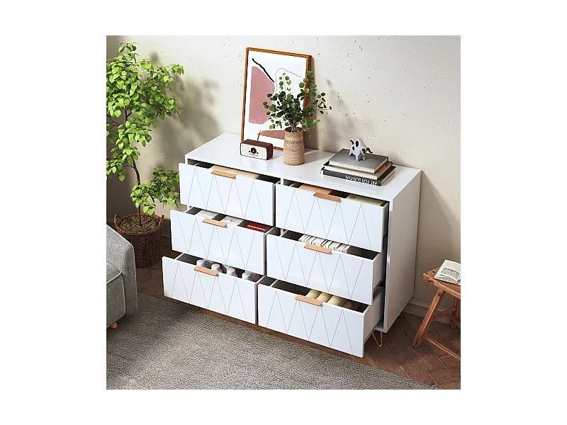 Moderne weiße Kommode mit 6 Schubladen im geometrischen Design und goldenen Griffen