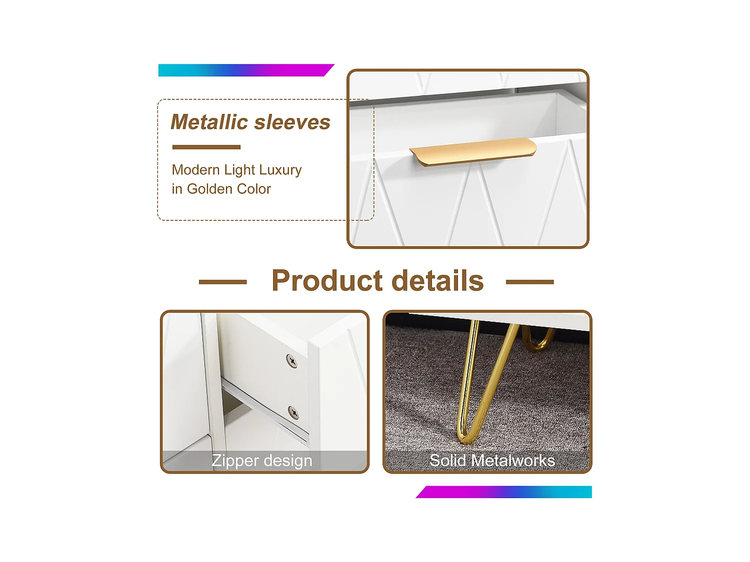 Moderne weiße Kommode mit 6 Schubladen im geometrischen Design und goldenen Griffen