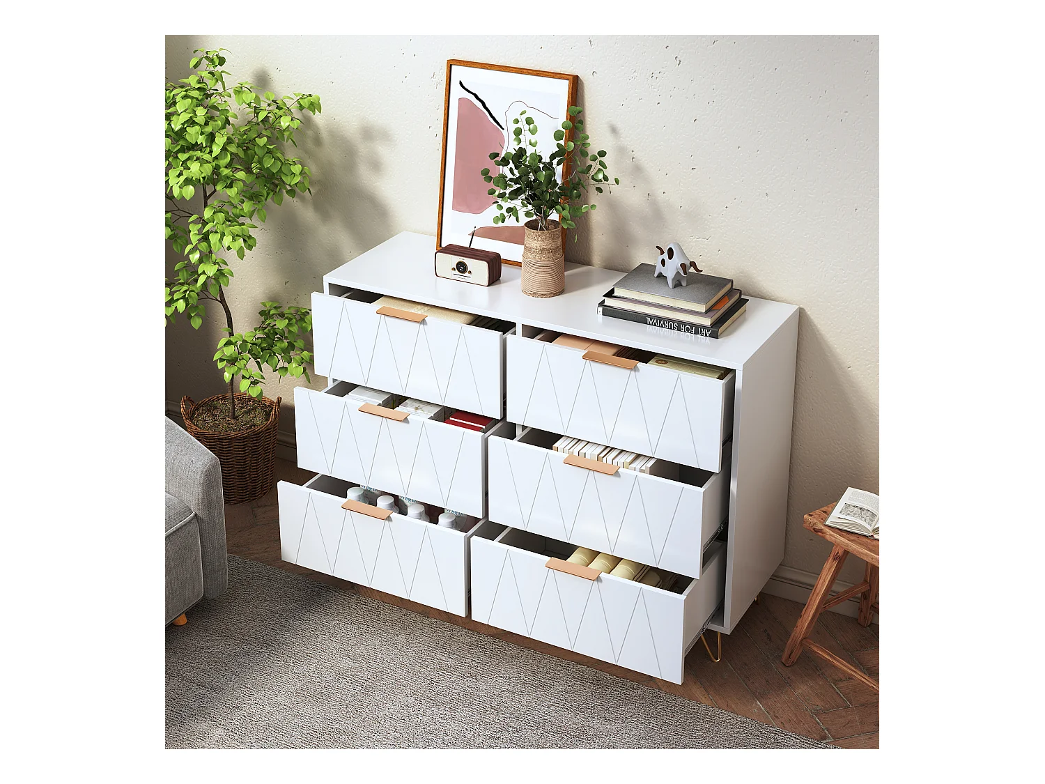 Commode blanche moderne à 6 tiroirs au design géométrique et poignées dorées