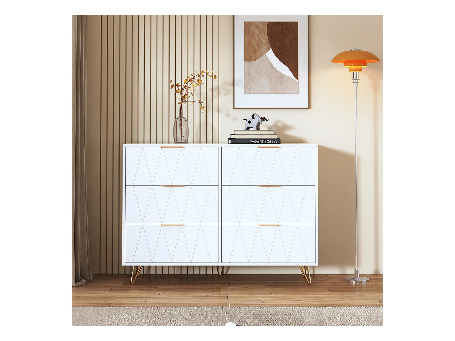 Commode blanche moderne à 6 tiroirs au design géométrique et poignées dorées