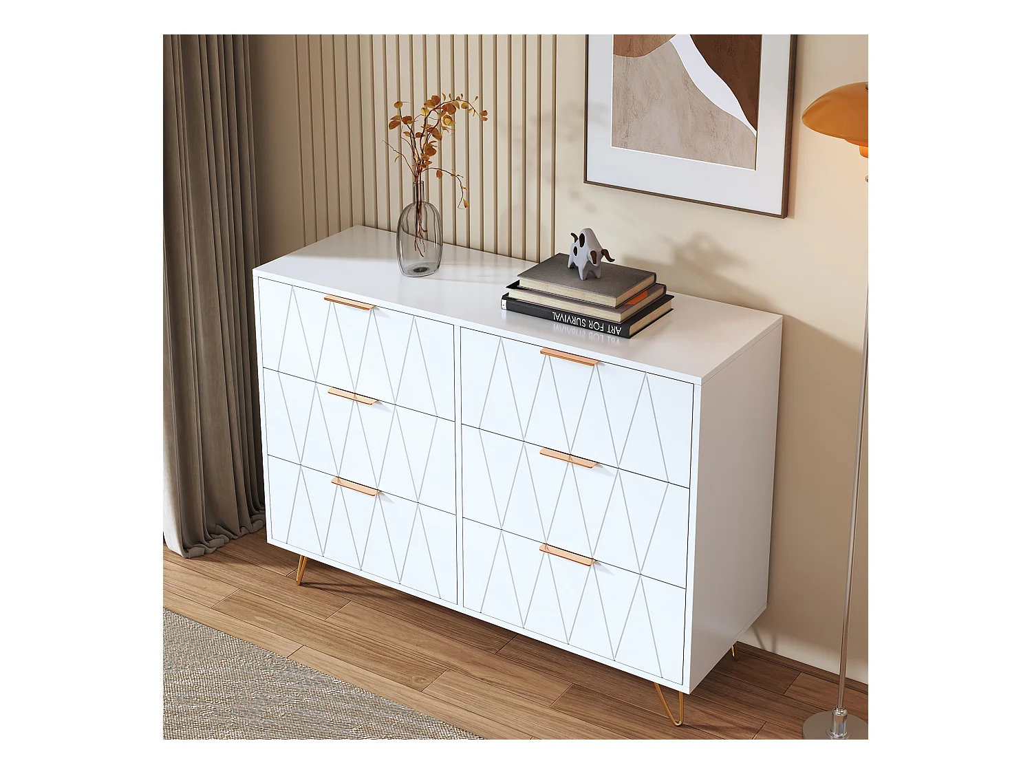 Commode blanche moderne à 6 tiroirs au design géométrique et poignées dorées