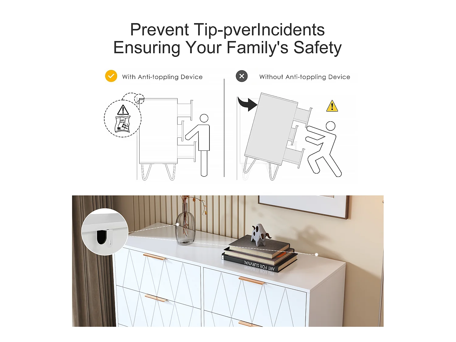 Commode blanche moderne à 6 tiroirs au design géométrique et poignées dorées