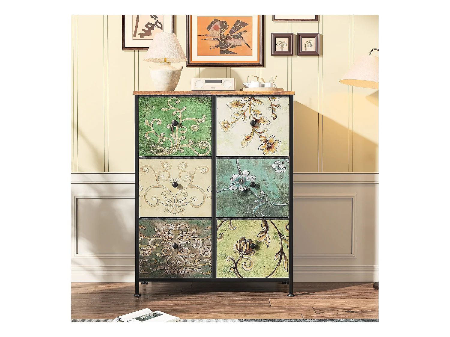 Vintage-Kommode mit 6 Schubladen aus bedrucktem Stoff und Metallrahmen – Retro und funktionales Design