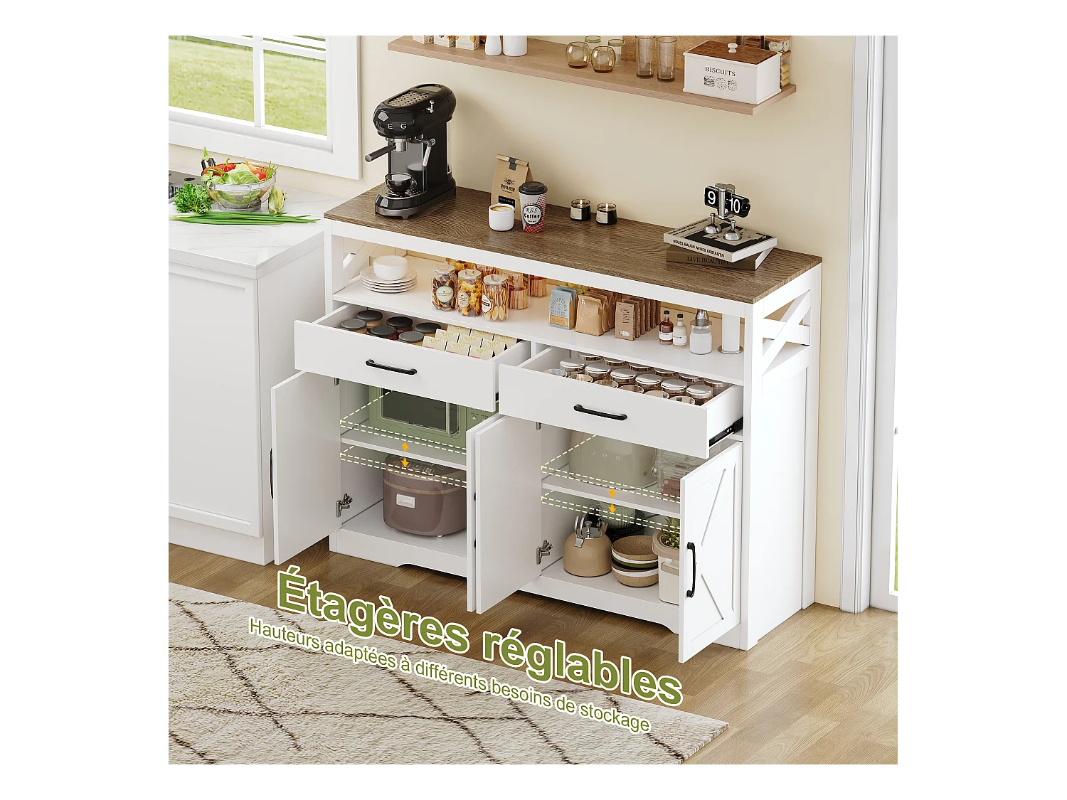 Buffet scandinave 2 tiroirs et 2 portes, 140 cm – Bois et blanc