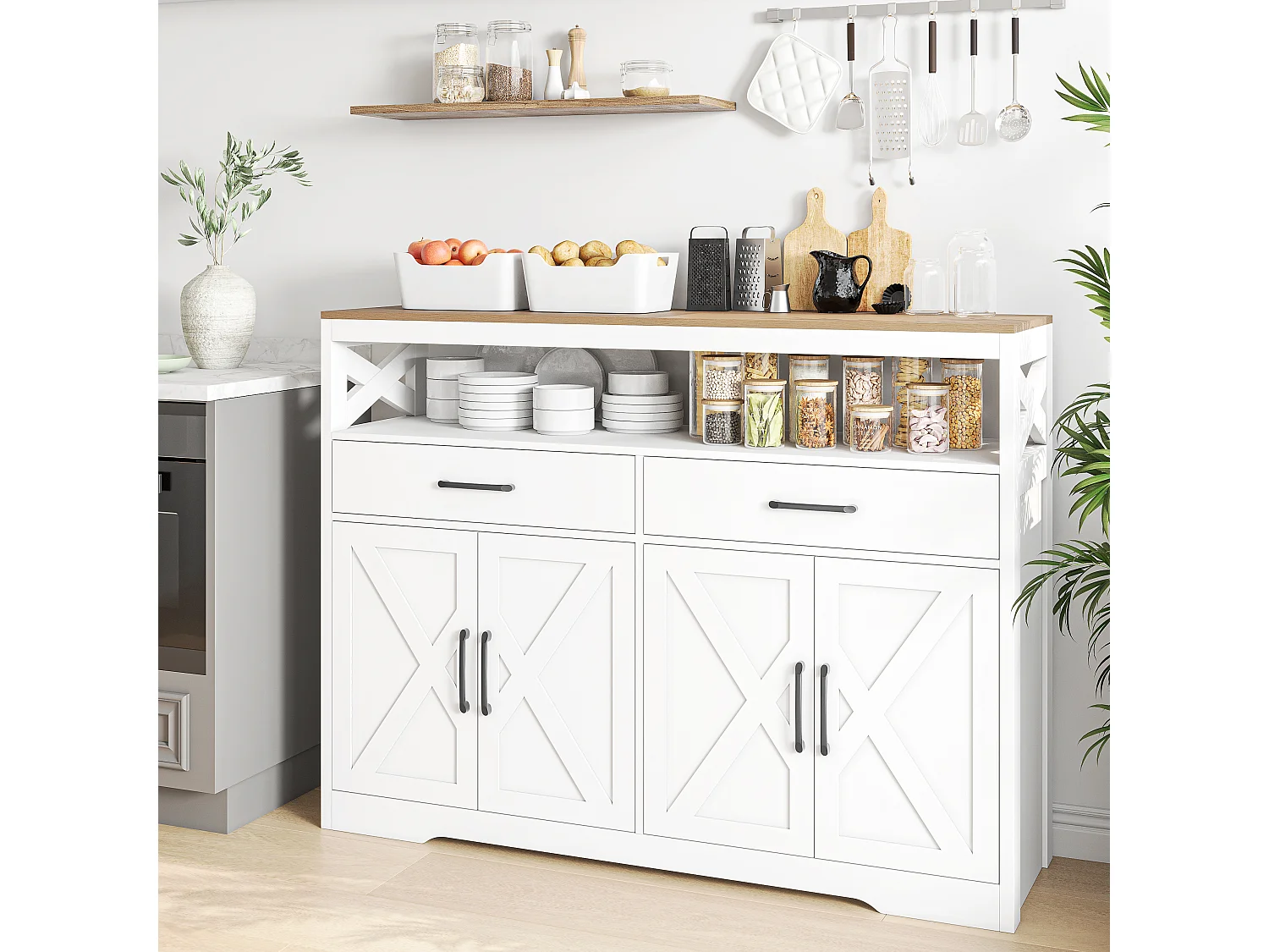 Buffet scandinave 2 tiroirs et 2 portes, 140 cm – Bois et blanc