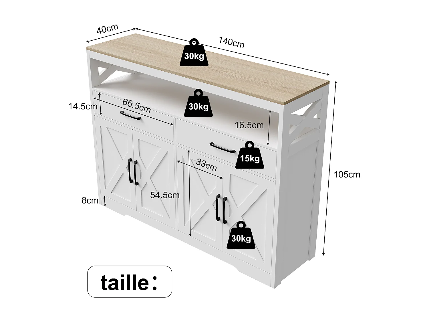 Buffet scandinave 2 tiroirs et 2 portes, 140 cm – Bois et blanc