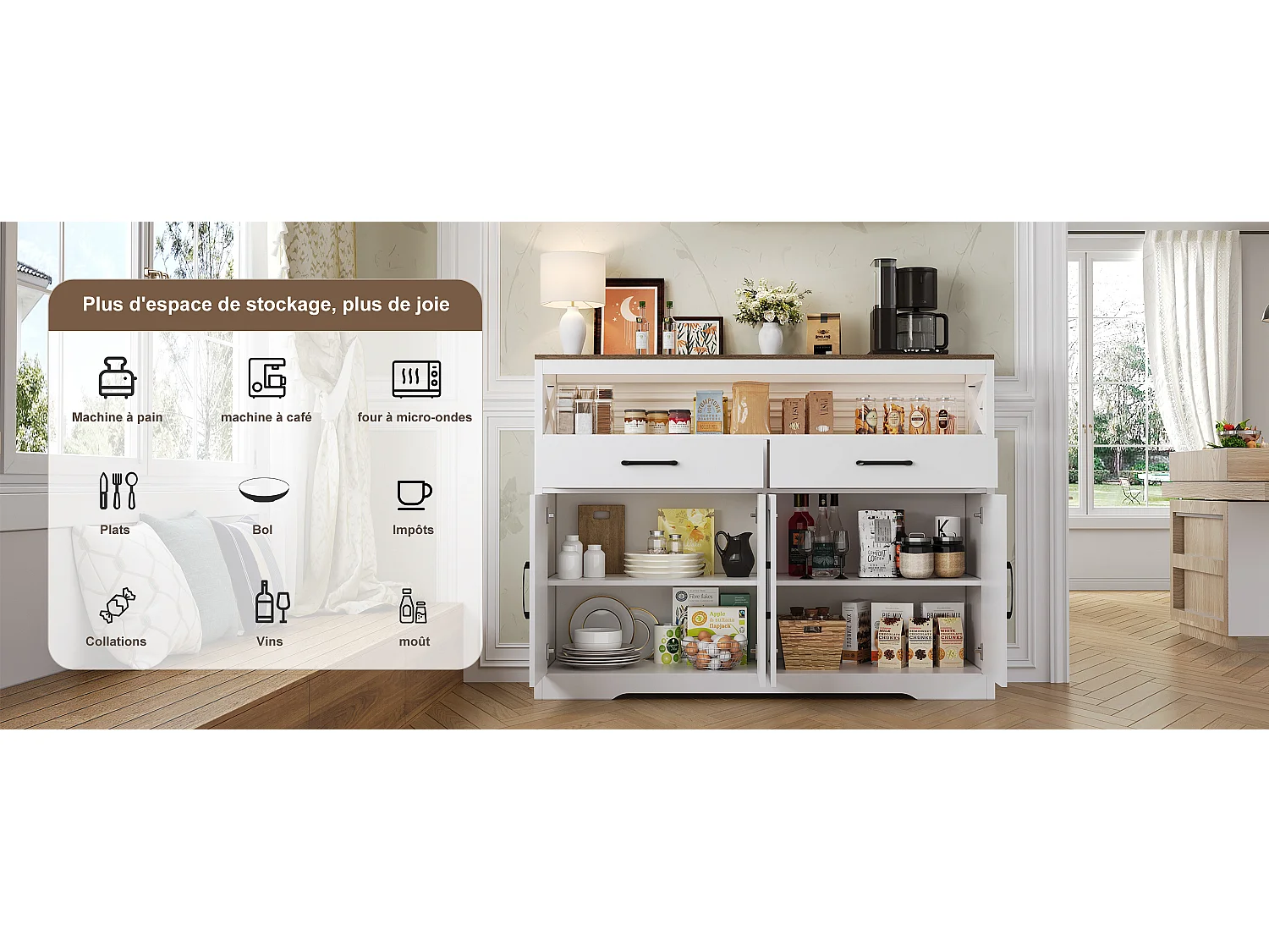 Buffet scandinave 2 tiroirs et 2 portes, 140 cm – Bois et blanc